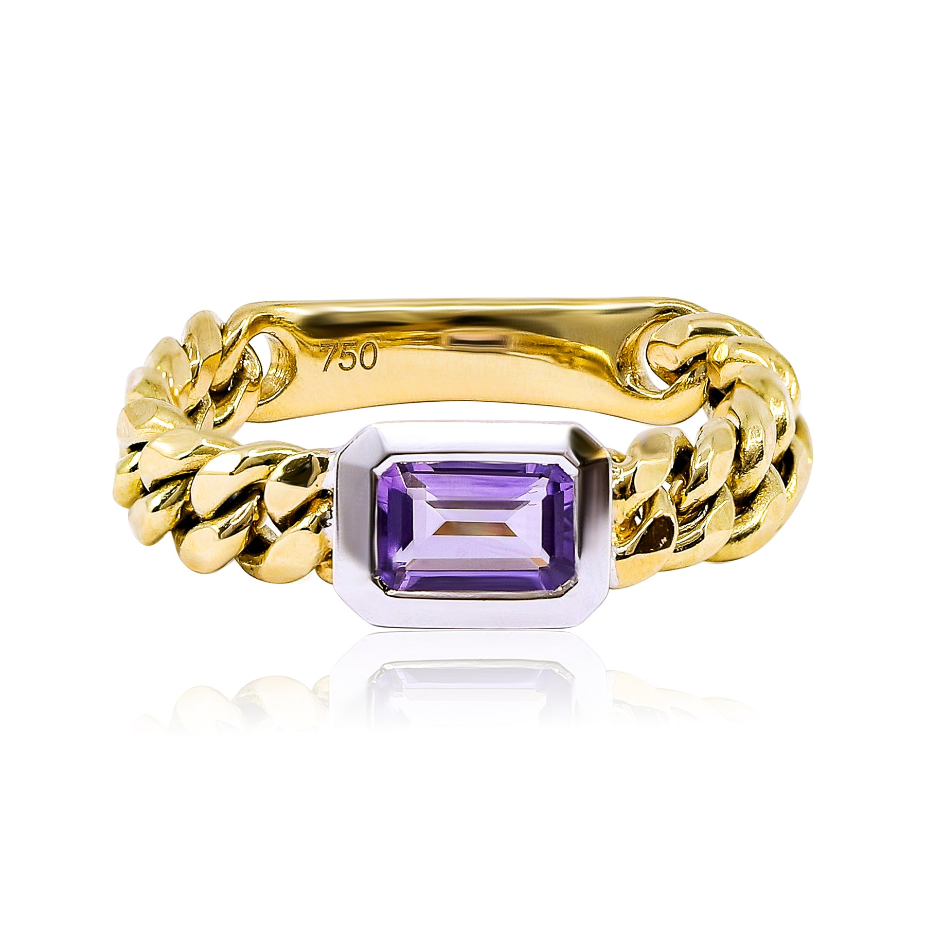 18K YELLOW AND WHITE GOLD EMERALD-CUT AMETHYST CHAIN RING