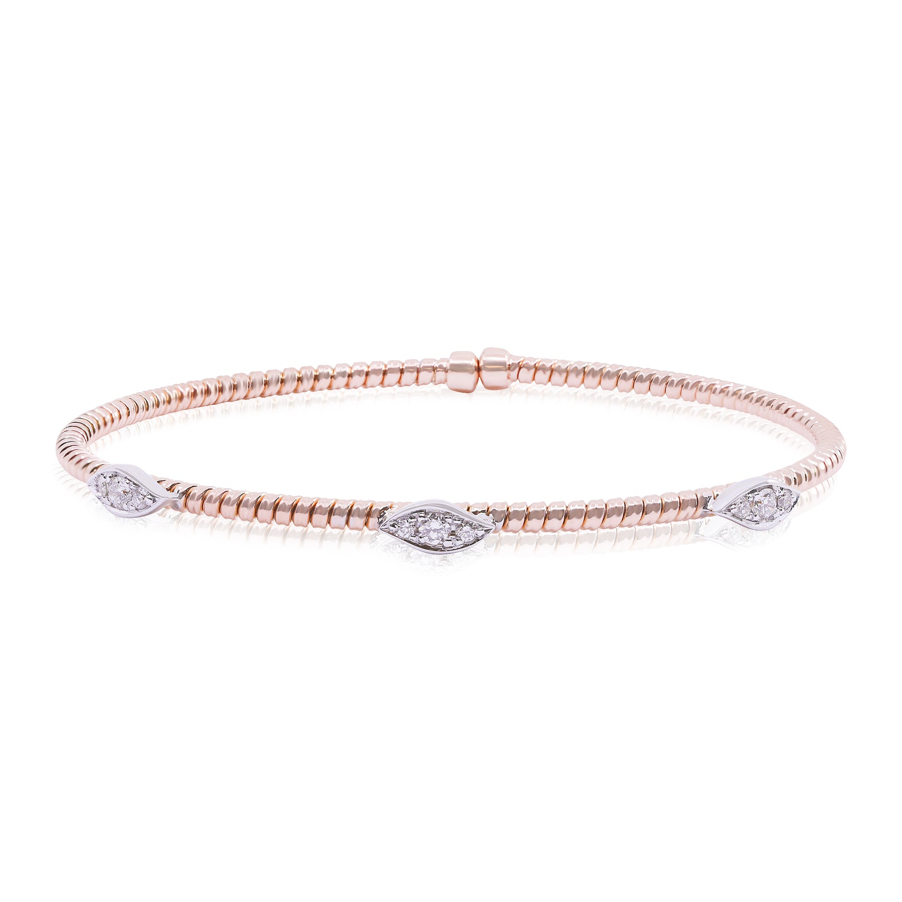 18K ROSE GOLD FLEXIBLE TWISTED WIRE CUFF BRACELET WITH PAVE DIAMOND STATIONS 0.25CTW