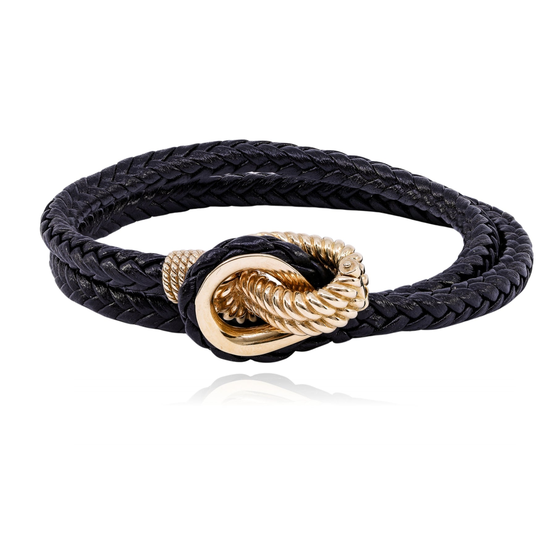 14K YELLOW GOLD DOUBLE WRAP BLACK LEATHER BRACELET