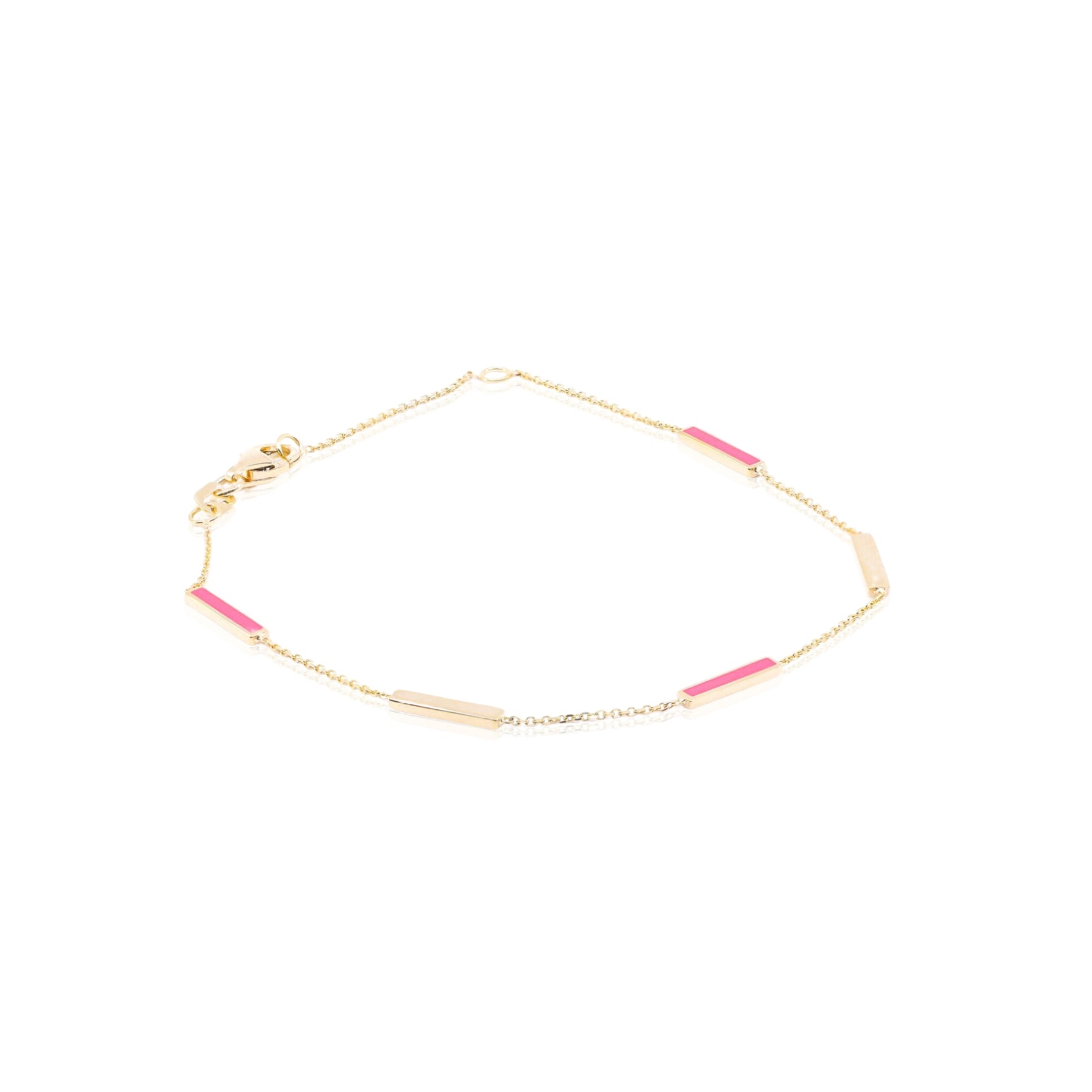 14K YELLOW GOLD ADJUSTABLE NEON PINK ENAMEL ALTERNATING BAR BRACELET