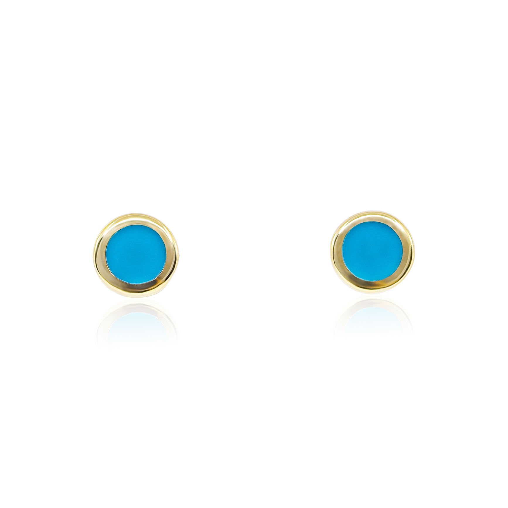 14K YELLOW GOLD BLUE ENAMEL DISC STUD EARRINGS