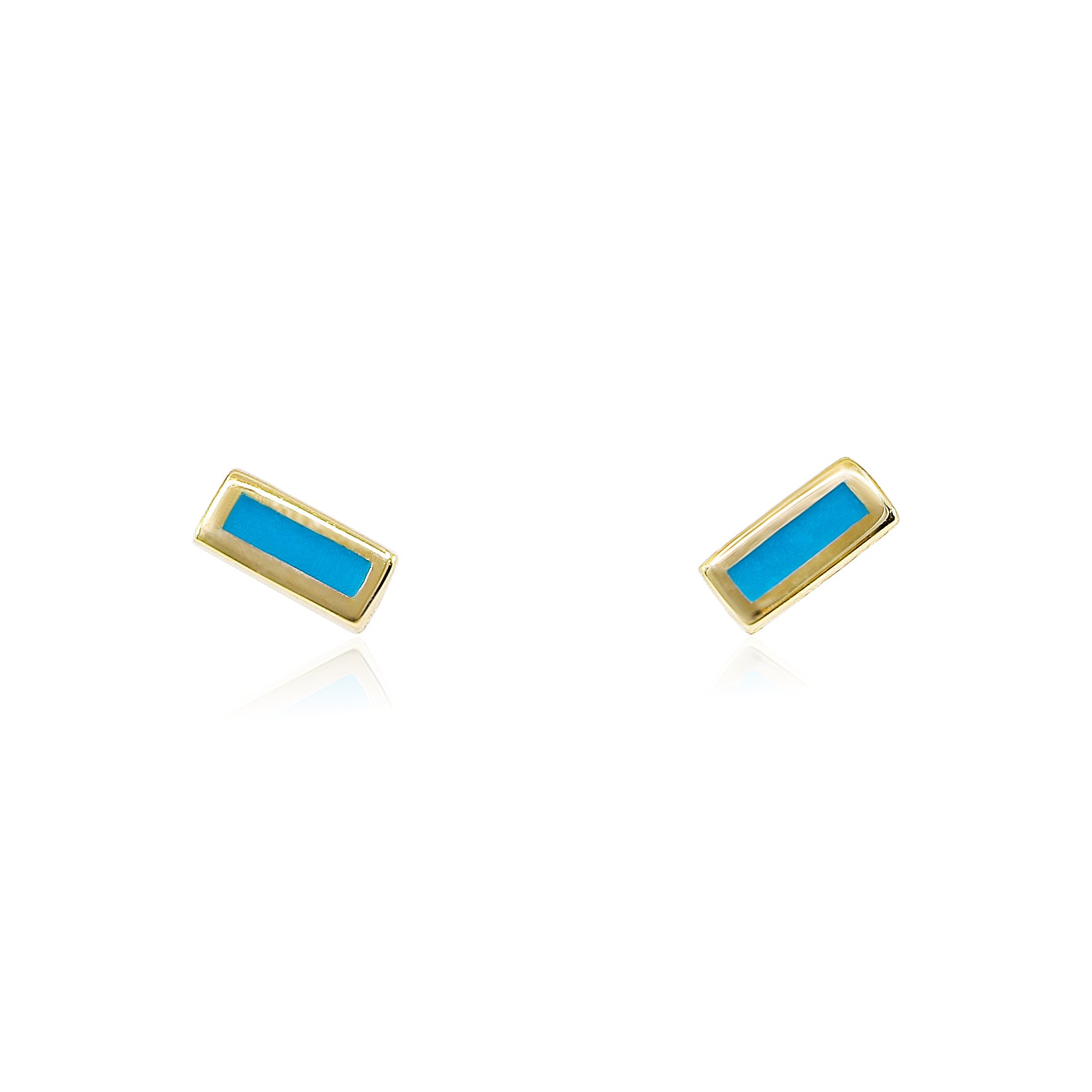 14K YELLOW GOLD TURQUOISE ENAMEL BAR STUD EARRINGS