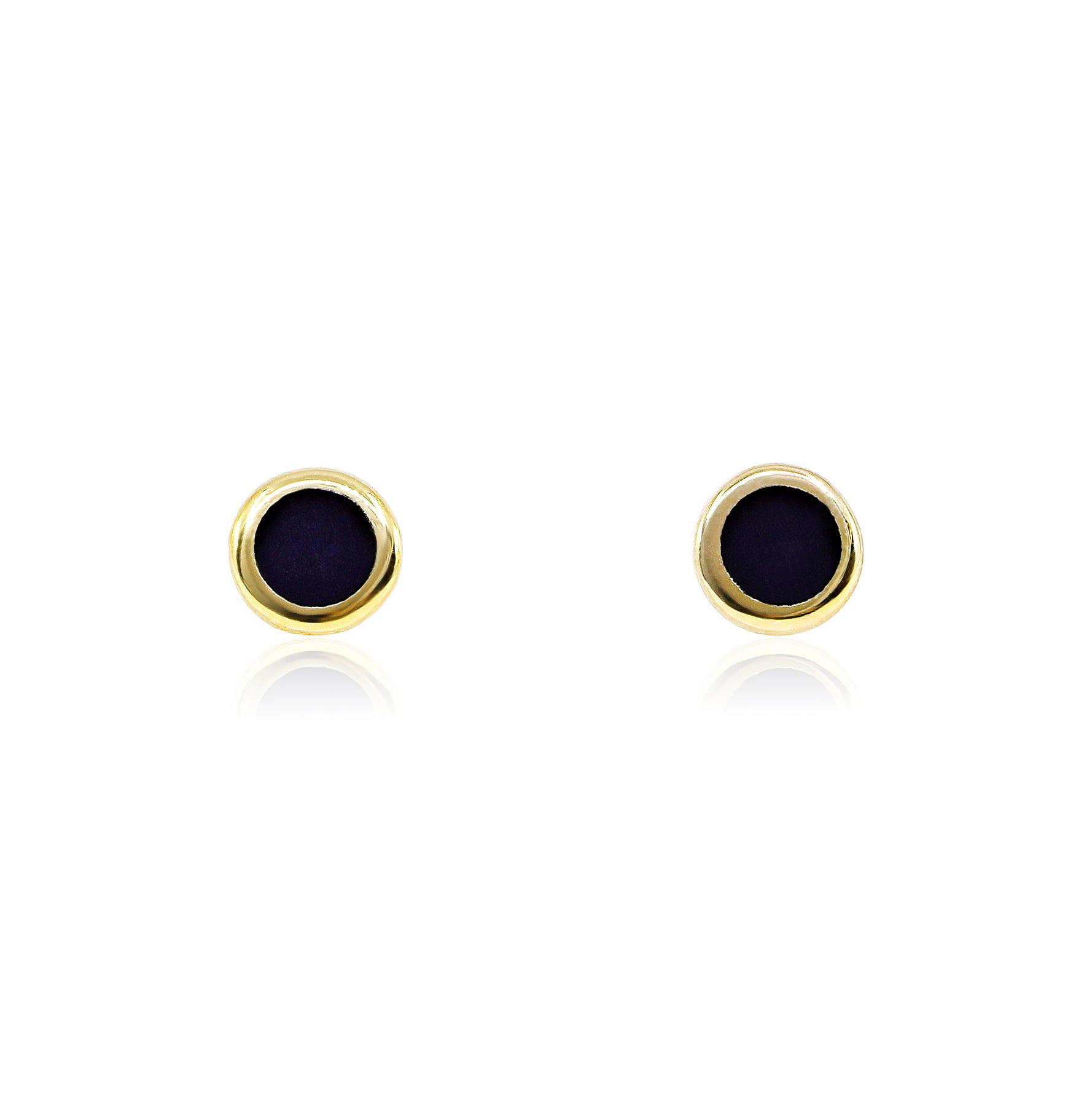 14K YELLOW GOLD BLACK ENAMEL ROUND DISC STUD EARRINGS