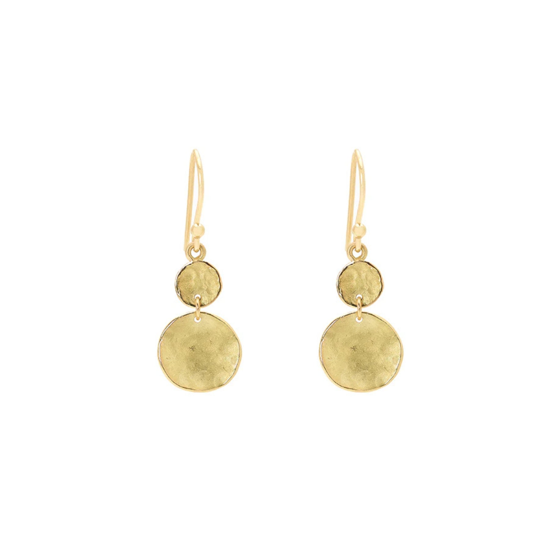 ANNE SPORTUN 18K YELLOW GOLD SATIN DOUBLE HAMMERED DISC DANGLE EARRINGS