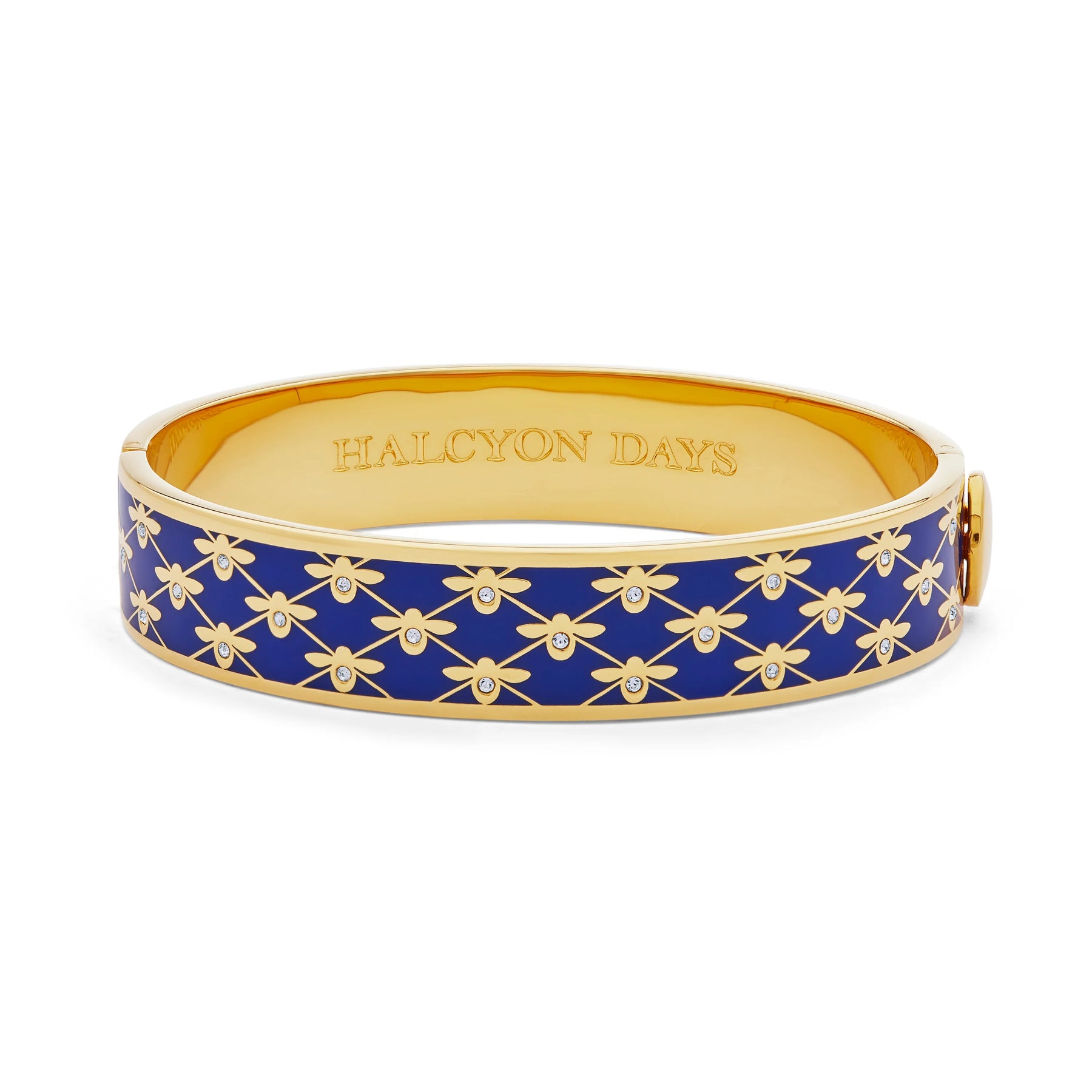 HALCYON DAYS 18K YELLOW GOLD PLATED 13MM BEE SPARKLE TRELLIS COBALT BANGLE BRACELET