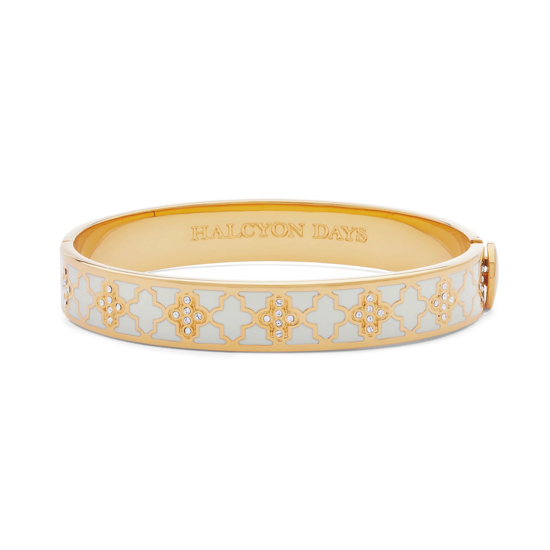 Halcyon Days 18K yellow gold plated 10mm agama sparkle cream enameled hinged bangle bracelet