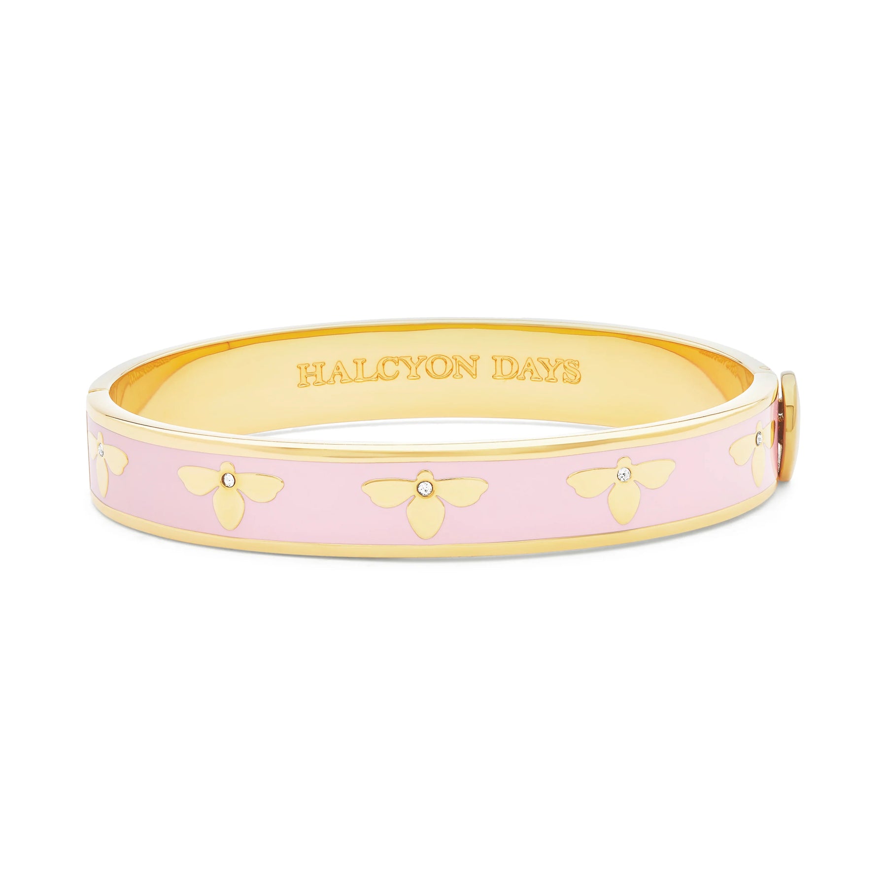 HALCYON DAYS 18K YELLOW GOLD PLATED 10MM BEE SPARKLE PINK ENAMELED BANGLE BRACELET