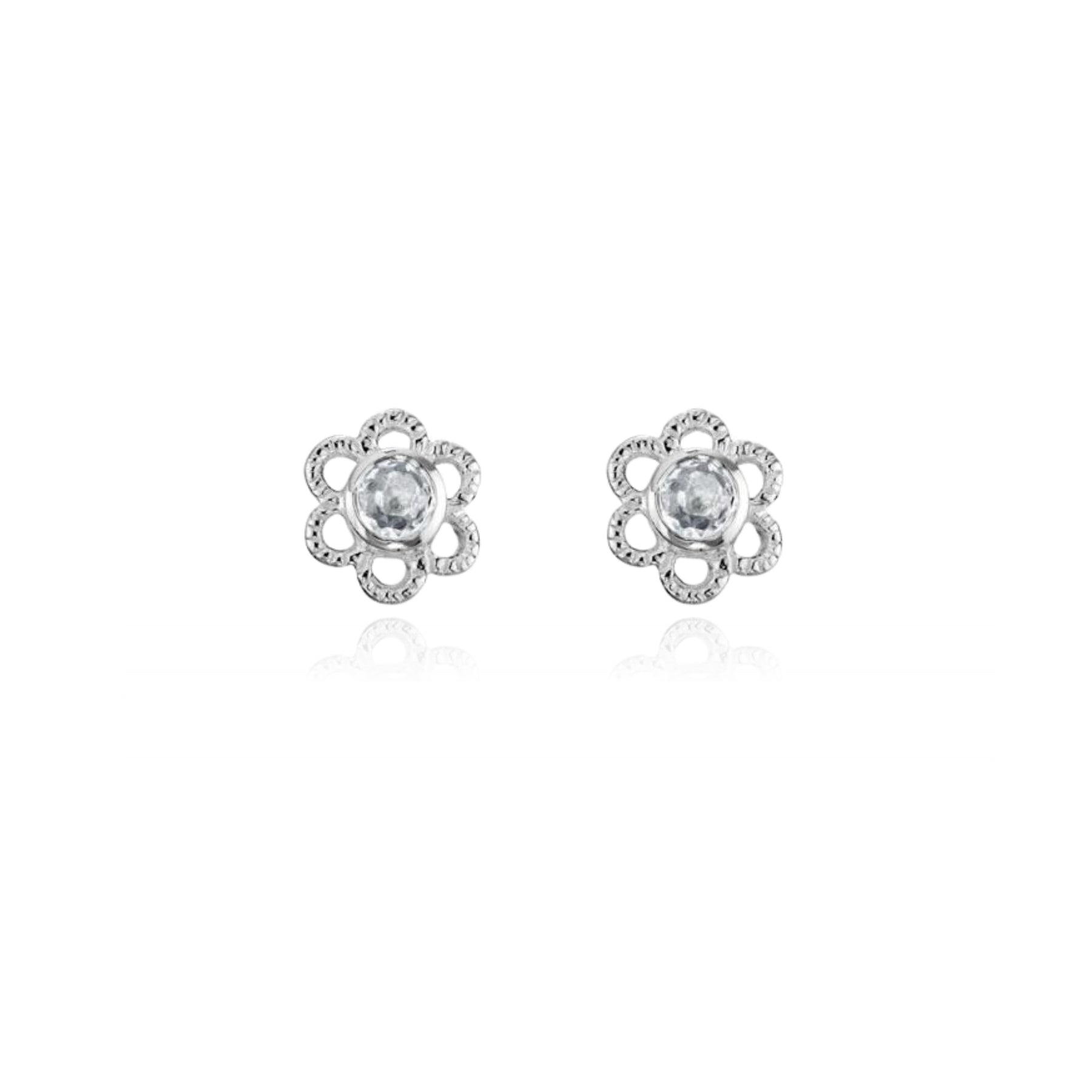 STERLING SILVER 2.5MM WHITE TOPAZ FLOWER STUD EARRINGS