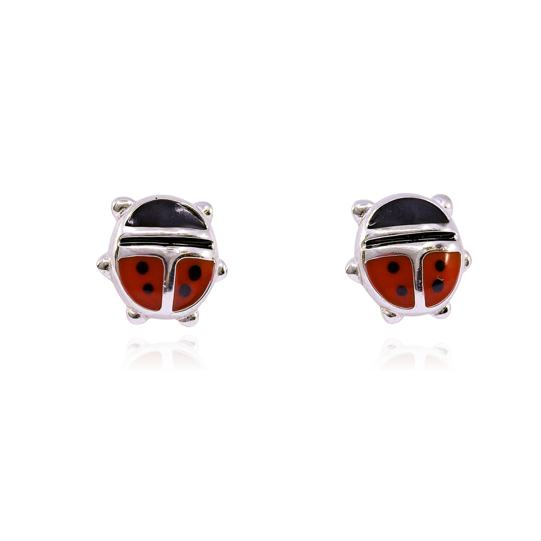 STERLING SILVER RED AND BLACK ENAMELED LADYBUG EARRINGS