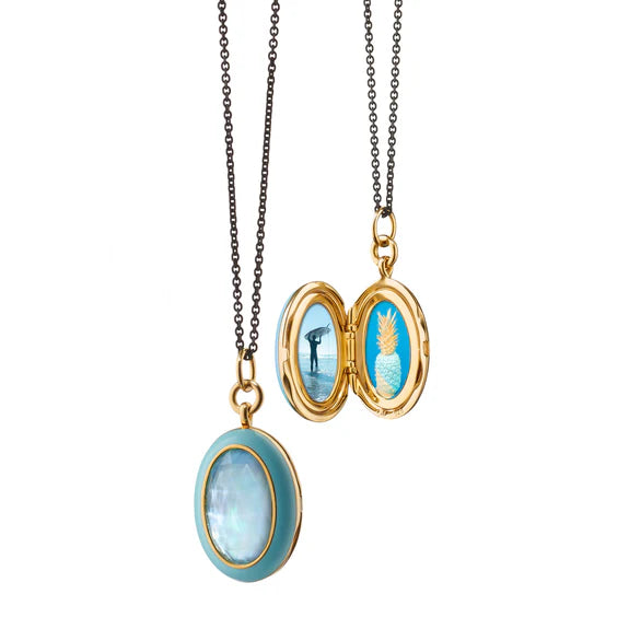 MONICA RICH KOSANN STERLING SILVER 18K YELLOW GOLD BLUE ENAMEL BLUE TOPAZ LOCKET