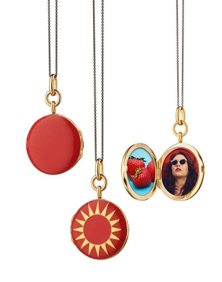 MONICA RICH KOSANN STERLING SILVER 18K YELLOW GOLD VERMEIL SUN ROUND RED ENAMEL LOCKET NECKLACE