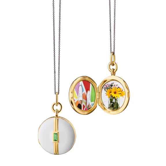 MONICA RICH KOSANN STERLING SILVER 18K YELLOW GOLD VERMEIL WHITE ENAMEL OVAL LOCKET NECKLACE