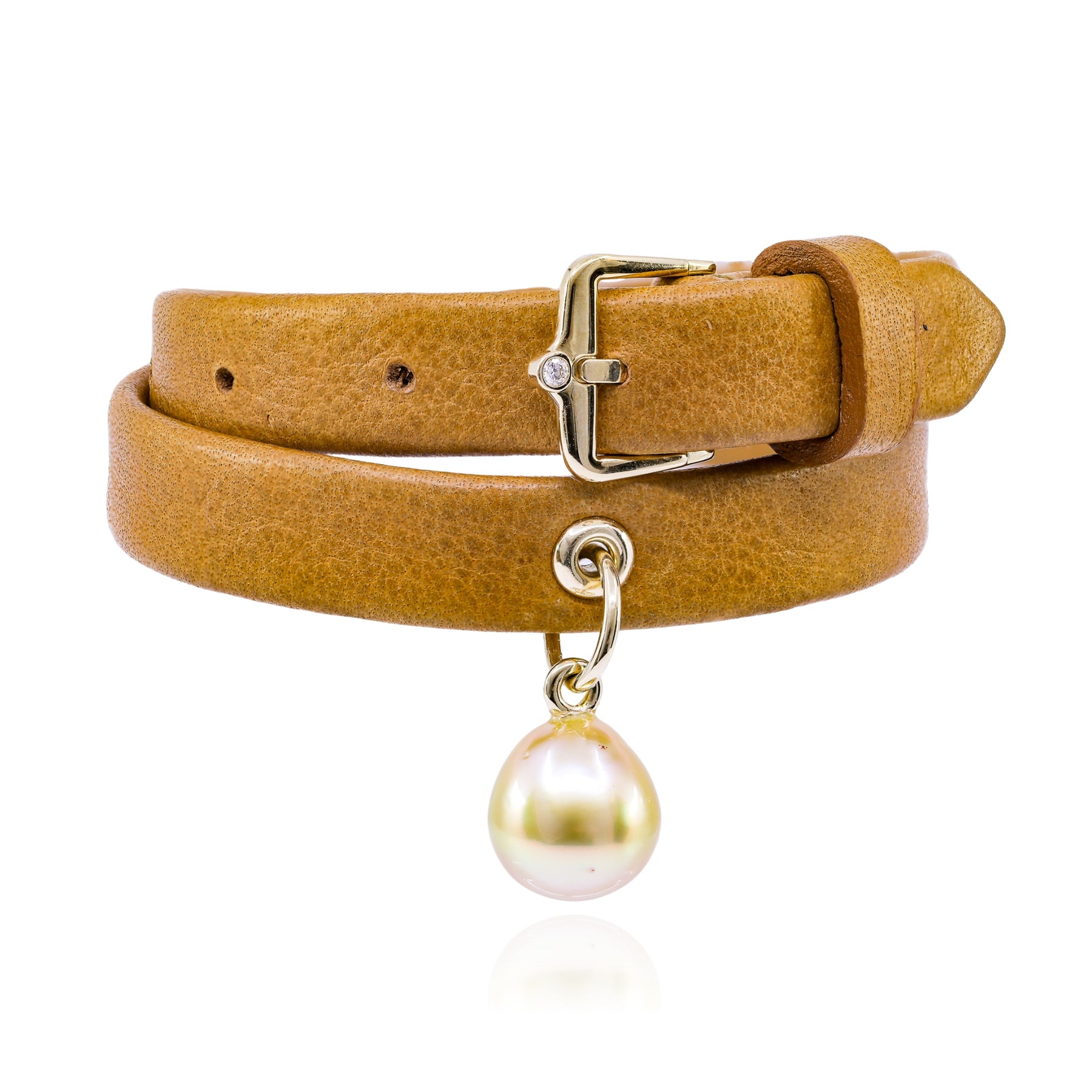 EXCLUSIVELY NINA ADJUSTABLE BROWN LEATHER 14K YELLOW GOLD PEARL BRACELET/CHOKER