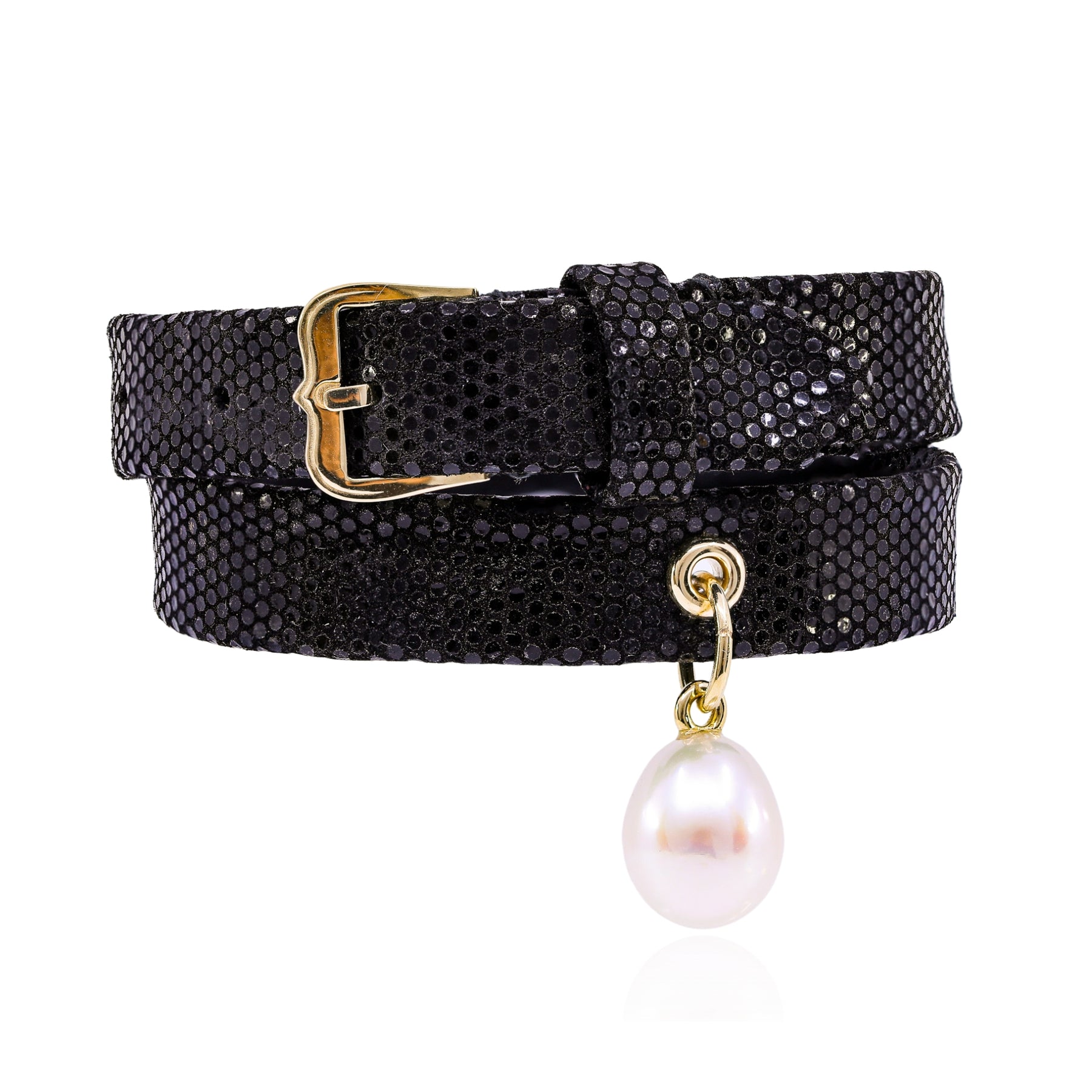 EXCLUSIVELY NINA 14K YELLOW GOLD BLACK SKIN LEATHER PEARL BRACELET/CHOKER