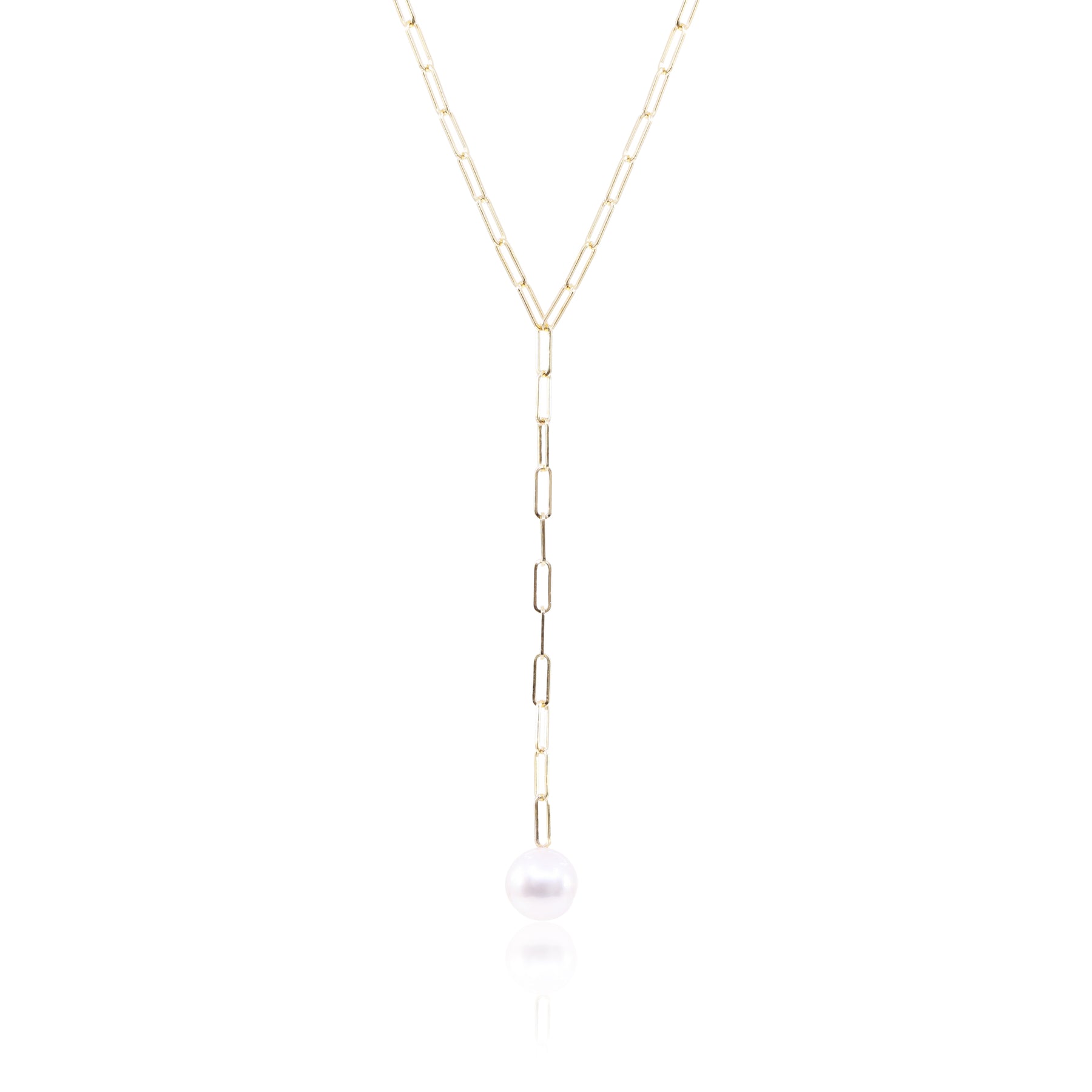 14K YELLOW GOLD 18-INCH PAPERCLIP CHAIN LARIAT NECKLACE WITH CULTURED PEARL