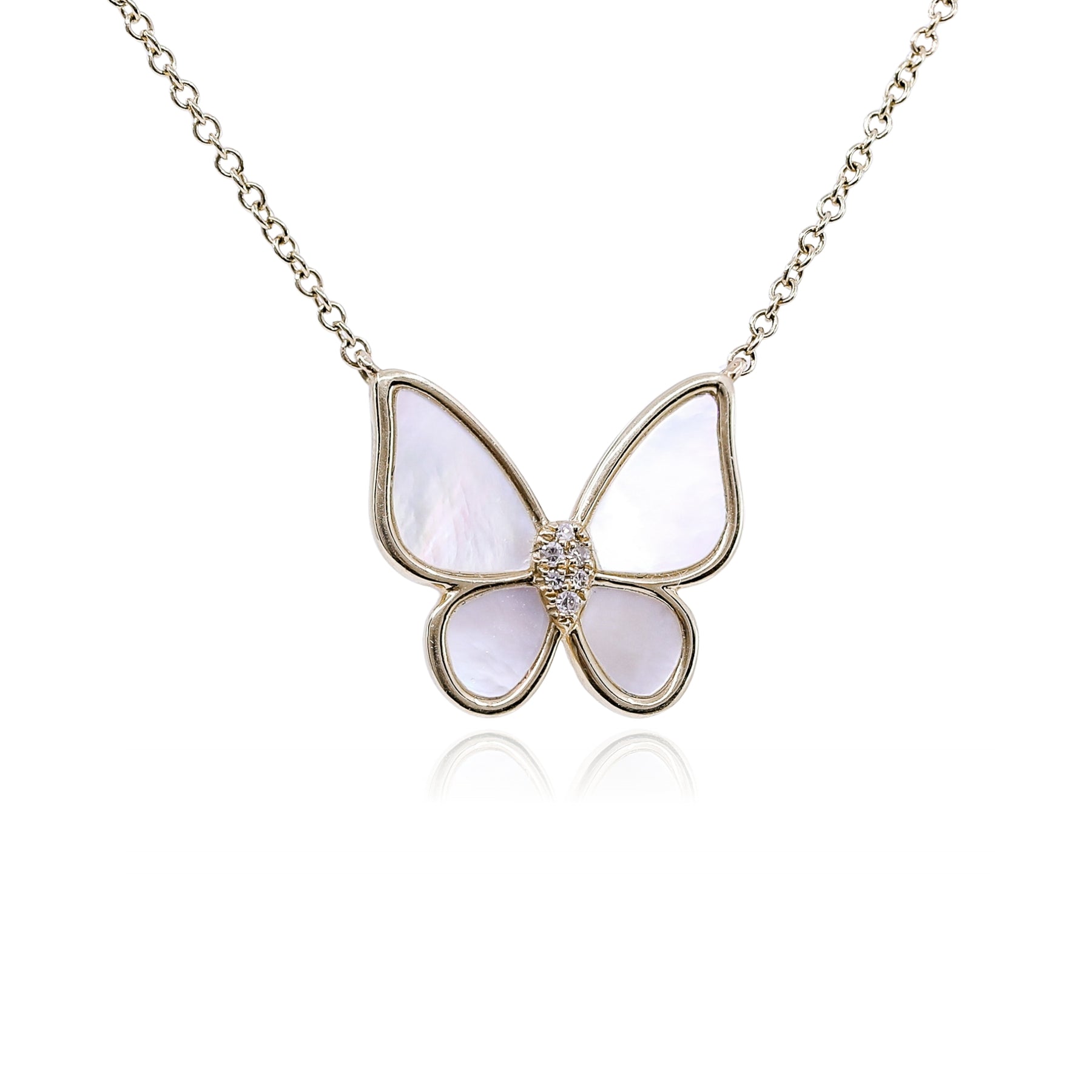 14K YELLOW GOLD MOTHER OF PEARL BUTTERFLY NECKLACE WITH DIAMOND ACCENTS