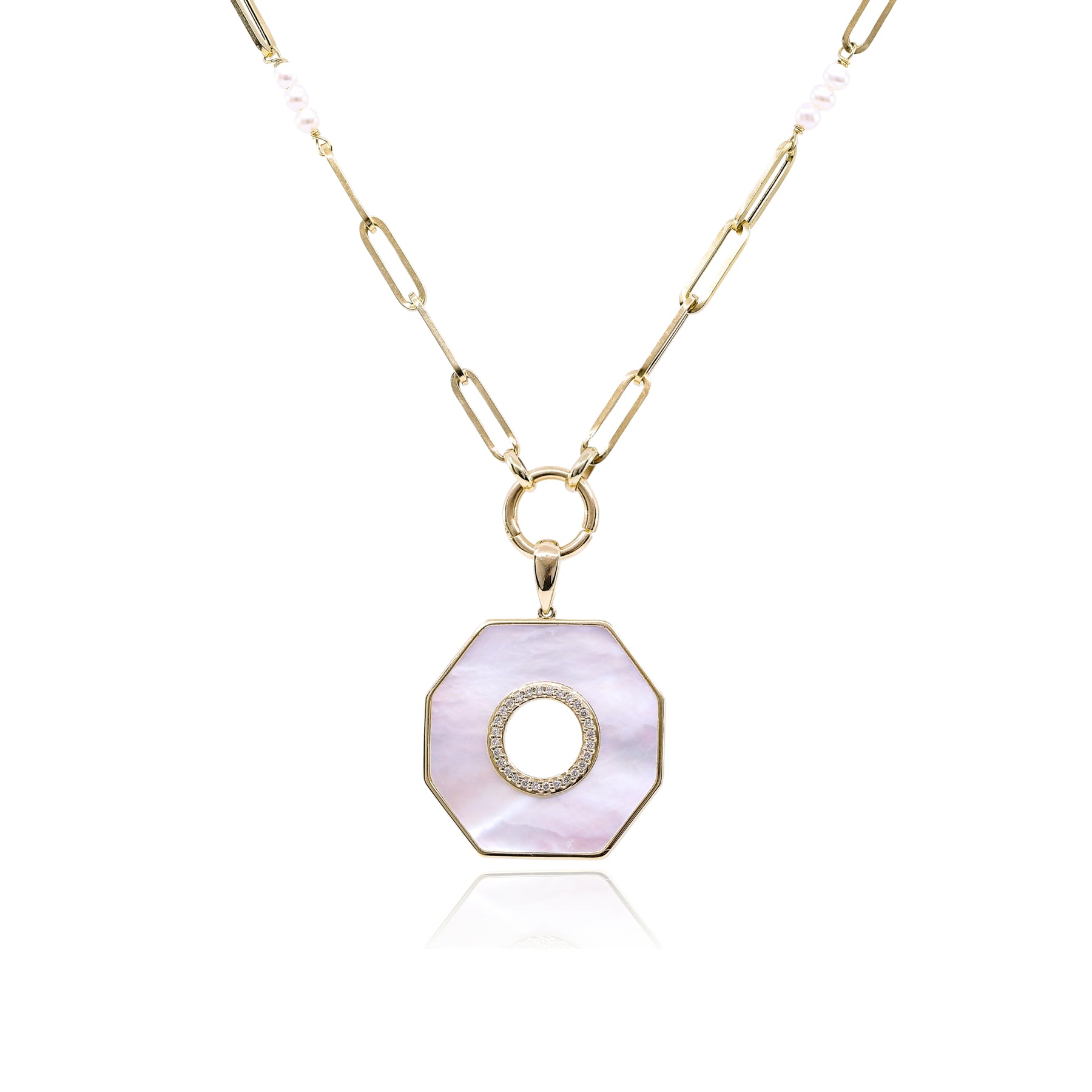 18K YELLOW GOLD MOTHER-OF-PEARL DIAMOND AND PEARL PENDANT NECKLACE