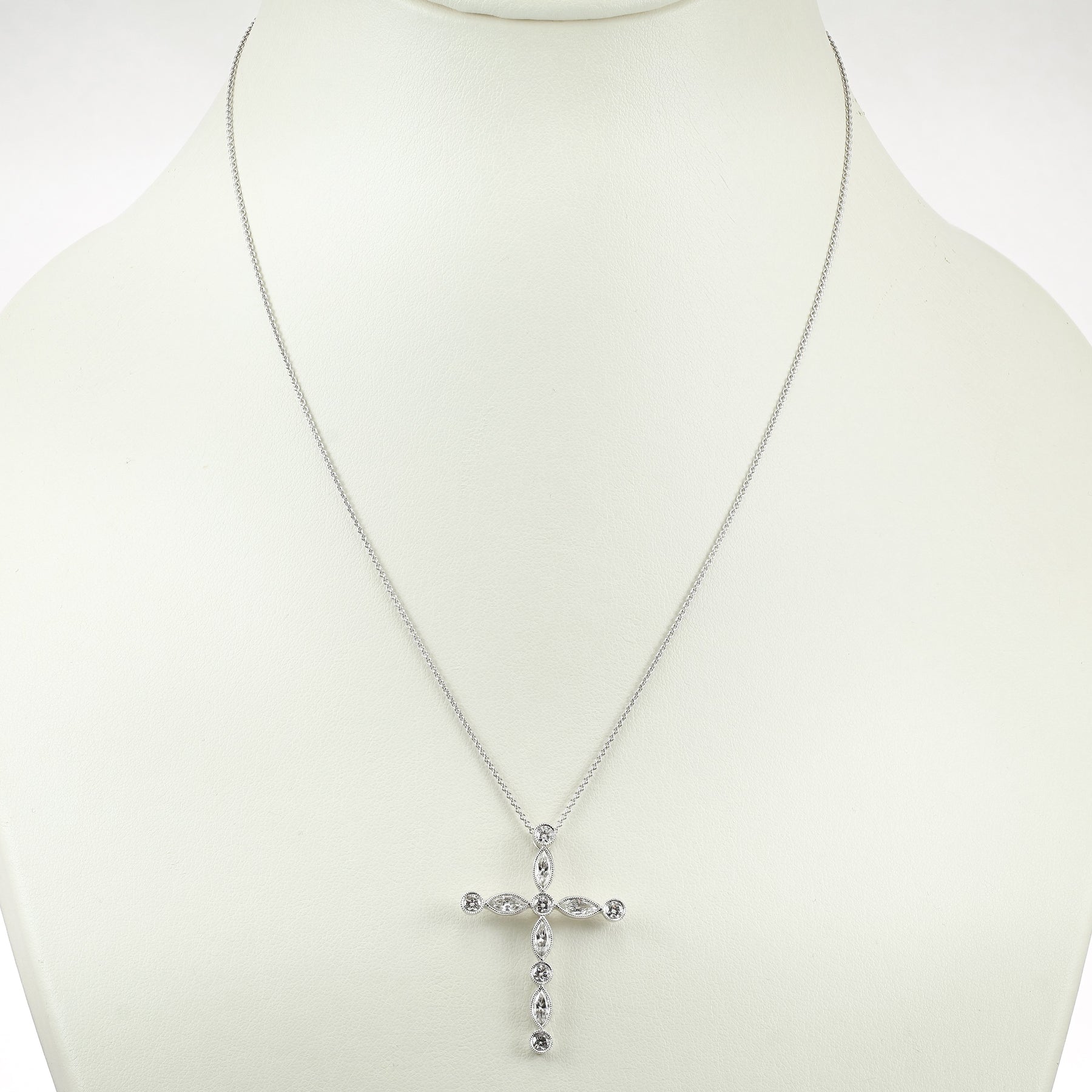 CUSTOM-MADE 14K WHITE GOLD DIAMOND CROSS PENDANT WITH MARQUISE AND ROUND DIAMONDS