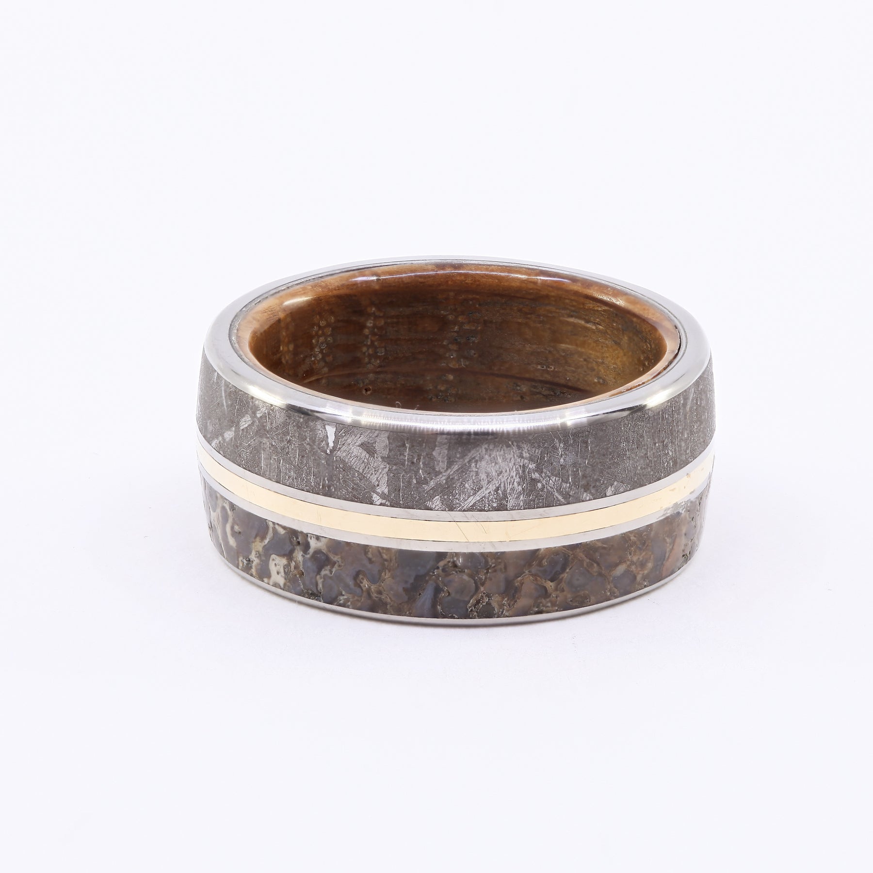 Dinosaur Bone, Gibeon Meteorite, Titanium and Jack Daniels Wood comfort fit wedding band