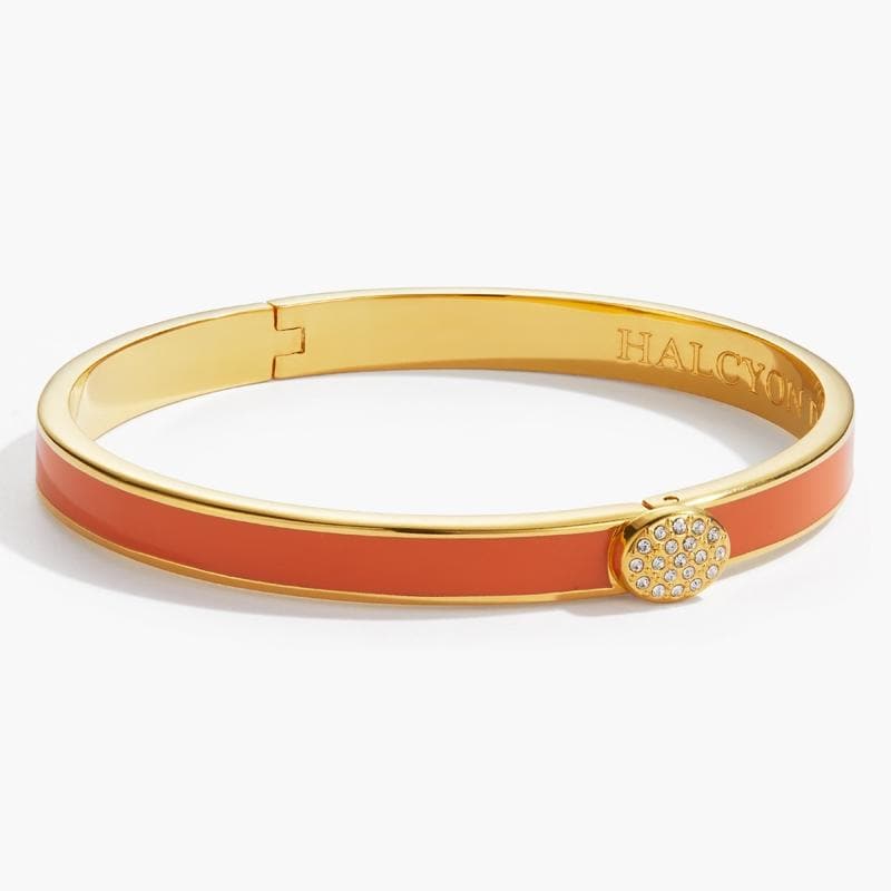 Halcyon Days 18K yellow gold plated 6mm skinny pave button orange enameled hinged bangle