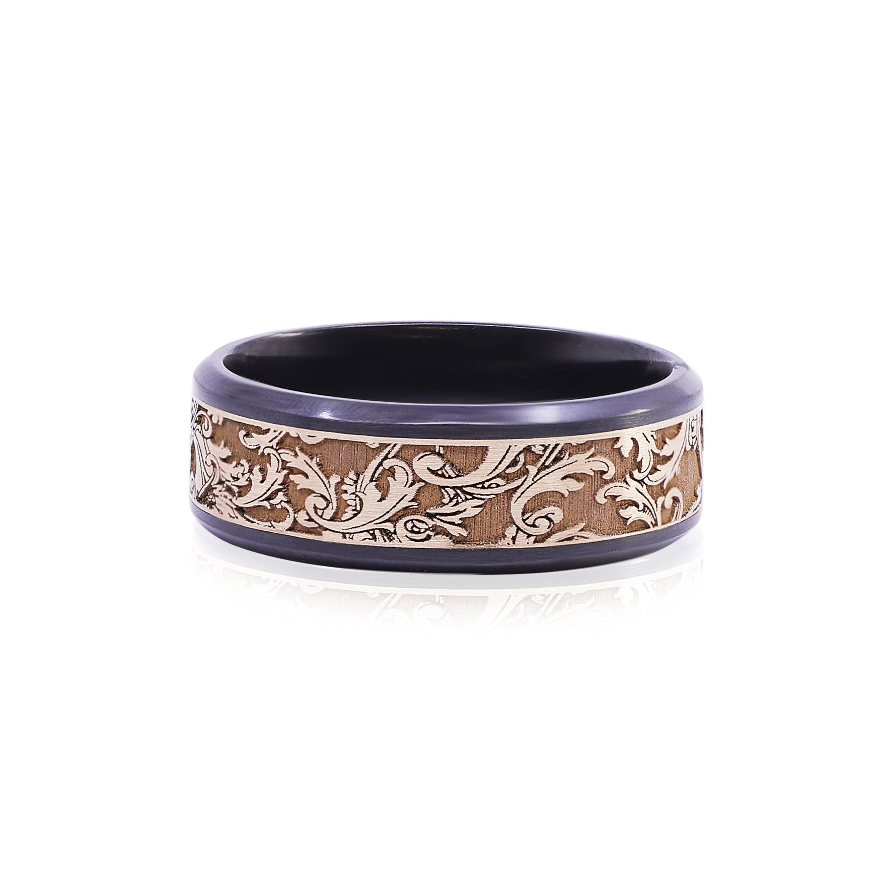 BLACK ZIRCONIUM 8MM WEDDING BAND WITH 14K YELLOW GOLD BLACKLEAF PATTERN