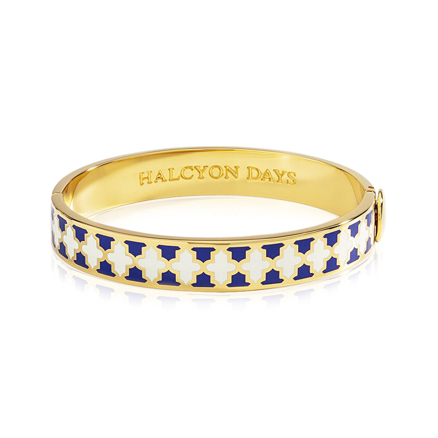 Halcyon Days 18K yellow gold plated 10mm agama cobalt and cream enameled hinged bangle bracelet