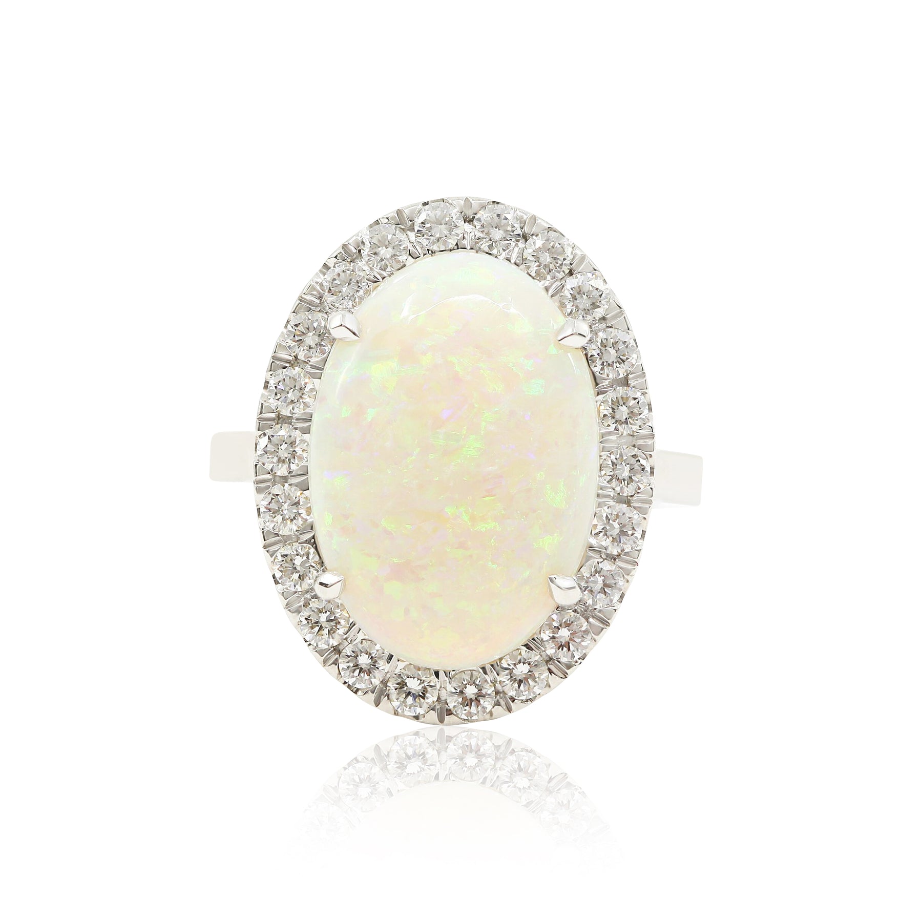 14K WHITE GOLD OVAL OPAL AND DIAMOND HALO COCKTAIL RING