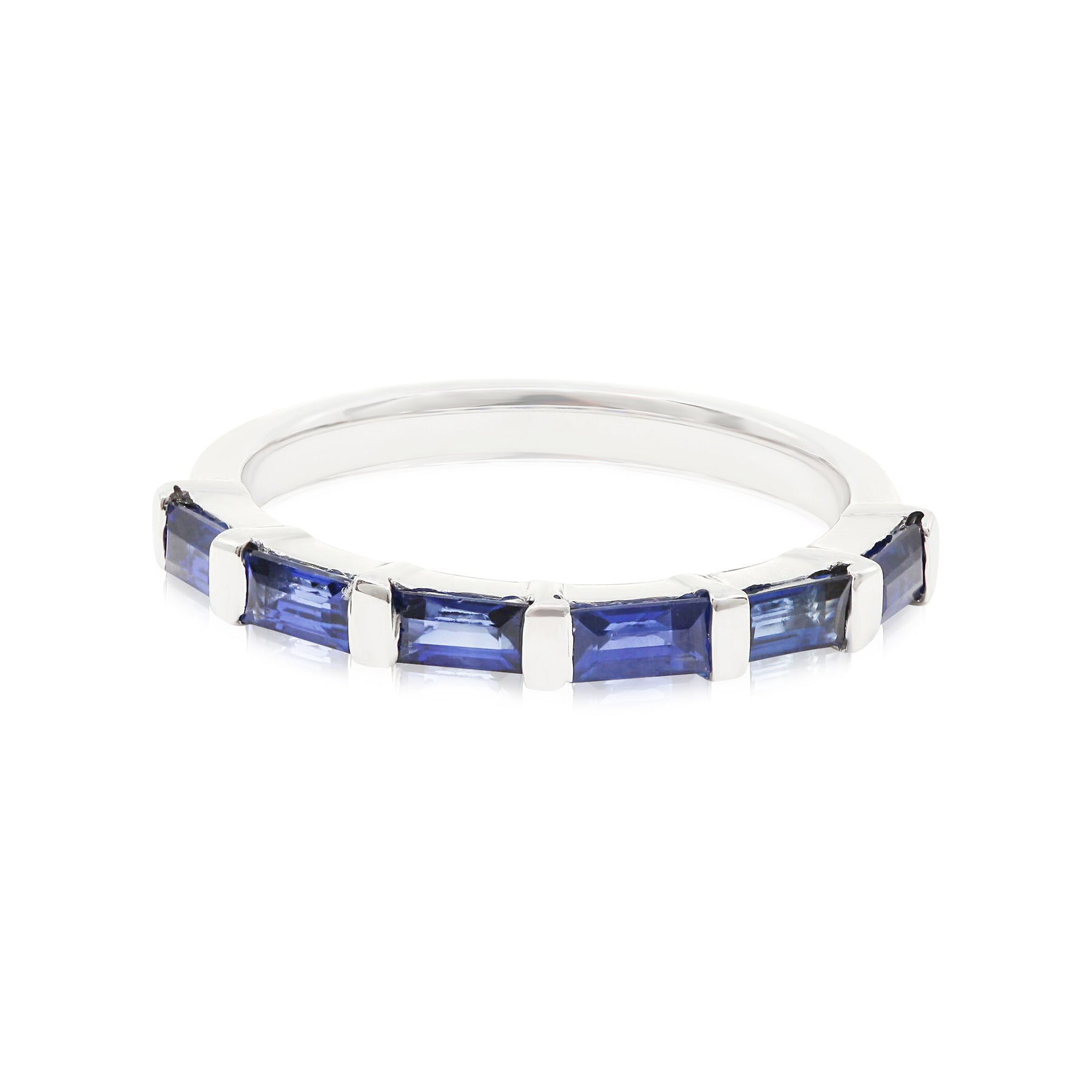 14K WHITE GOLD BAGUETTE SAPPHIRE BAR-SET RING