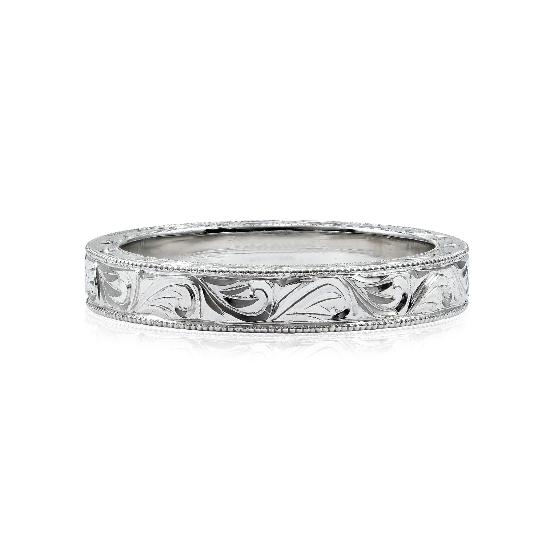 14K WHITE GOLD 3.5MM ENGRAVED FLORAL PATTERN AND MILGRAIN WEDDING BAND