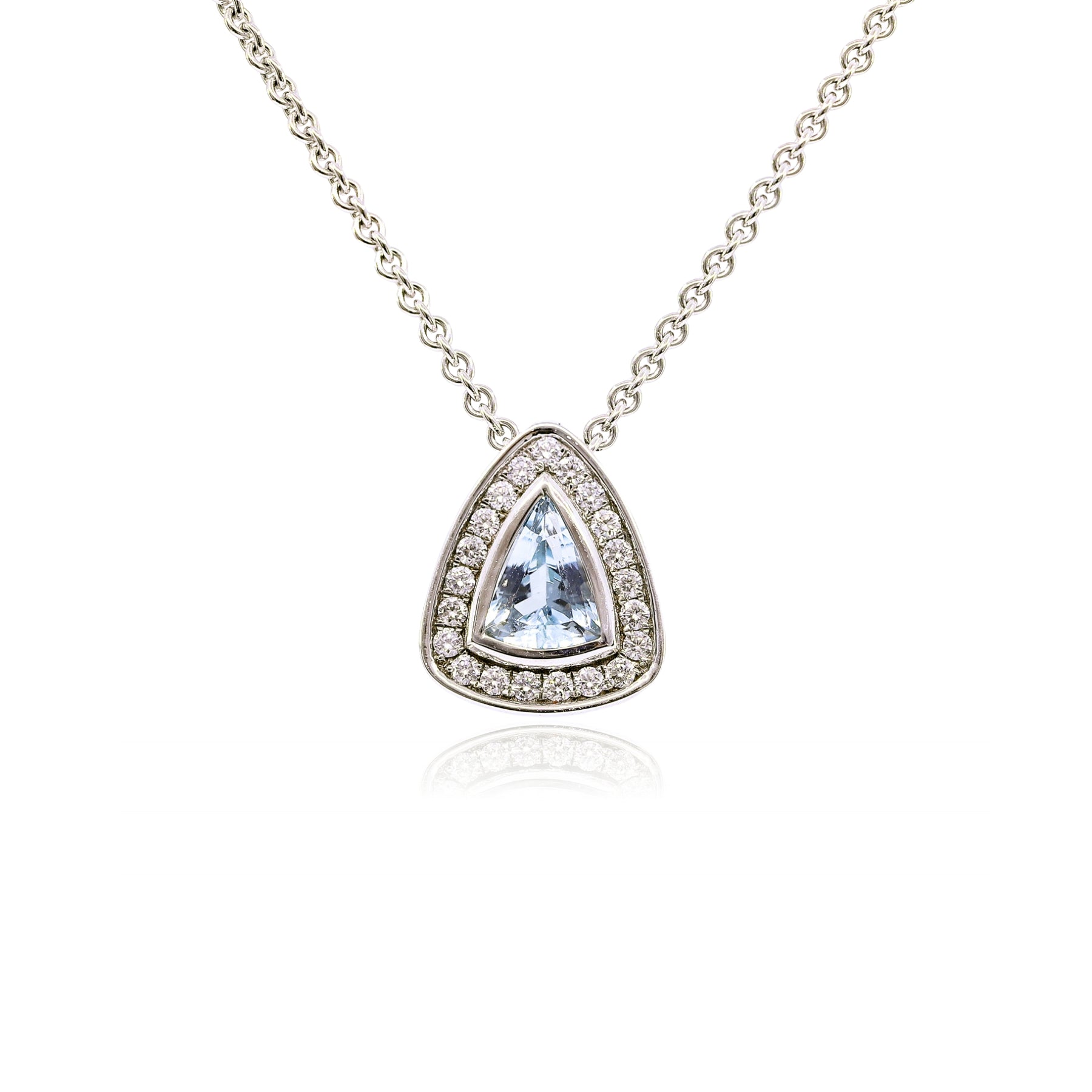 14K WHITE GOLD TRILLION AQUAMARINE DIAMOND HALO PENDANT NECKLACE