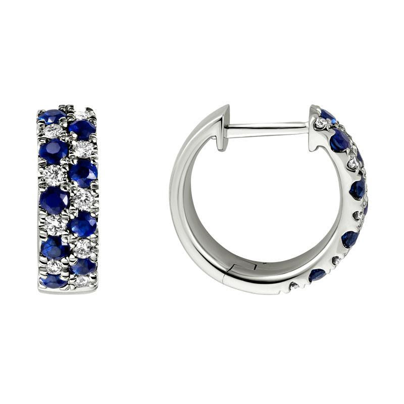 14K WHITE GOLD DIAMOND AND SAPPHIRE DOUBLE ROW HUGGIE EARRINGS