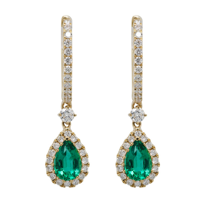 14K YELLOW GOLD DIAMOND-FRAMED TEARDROP EMERALD DANGLE EARRINGS