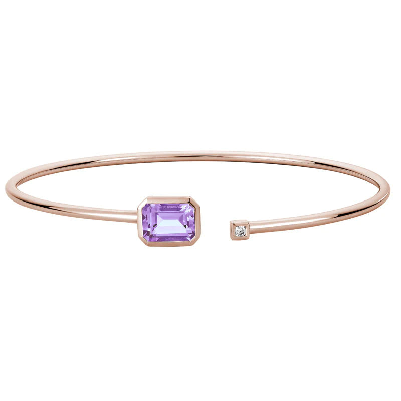 14K ROSE GOLD OPEN TOP BANGLE BRACELET WITH AN EMERALD-CUT LAVENDAR QUARTZ AND DIAMOND ACCENT