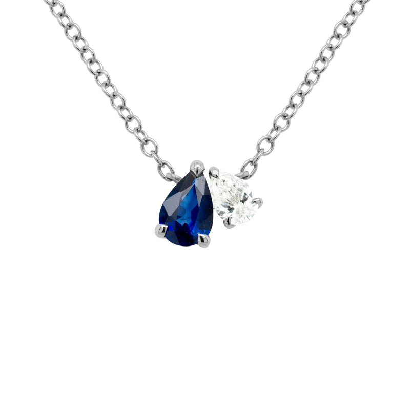 14K WHITE GOLD TEARDROP 2-STONE SAPPHIRE AND DIAMOND PENDANT