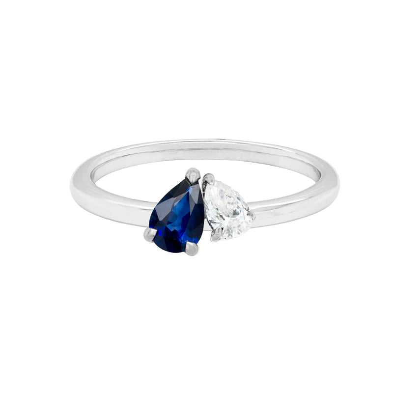 14K WHITE GOLD TEARDROP SAPPHIRE AND DIAMOND TWO-STONE RING