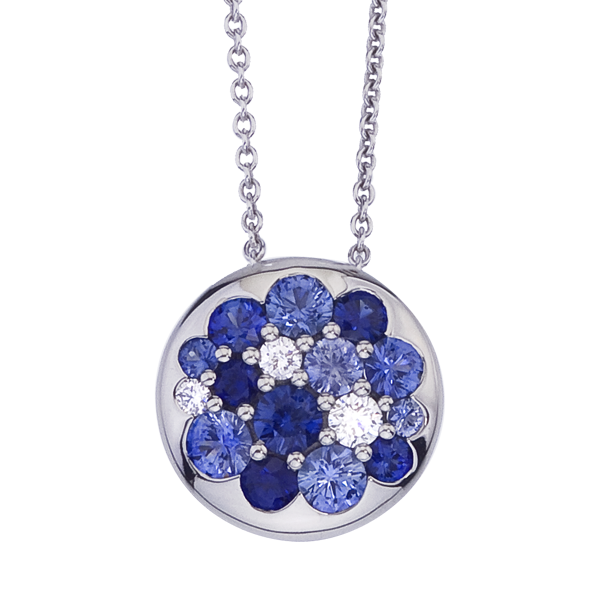 MARK PATTERSON 18K WHITE GOLD TANGO BLUE SAPPHIRE AND DIAMOND CLUSTER DISC PENDANT