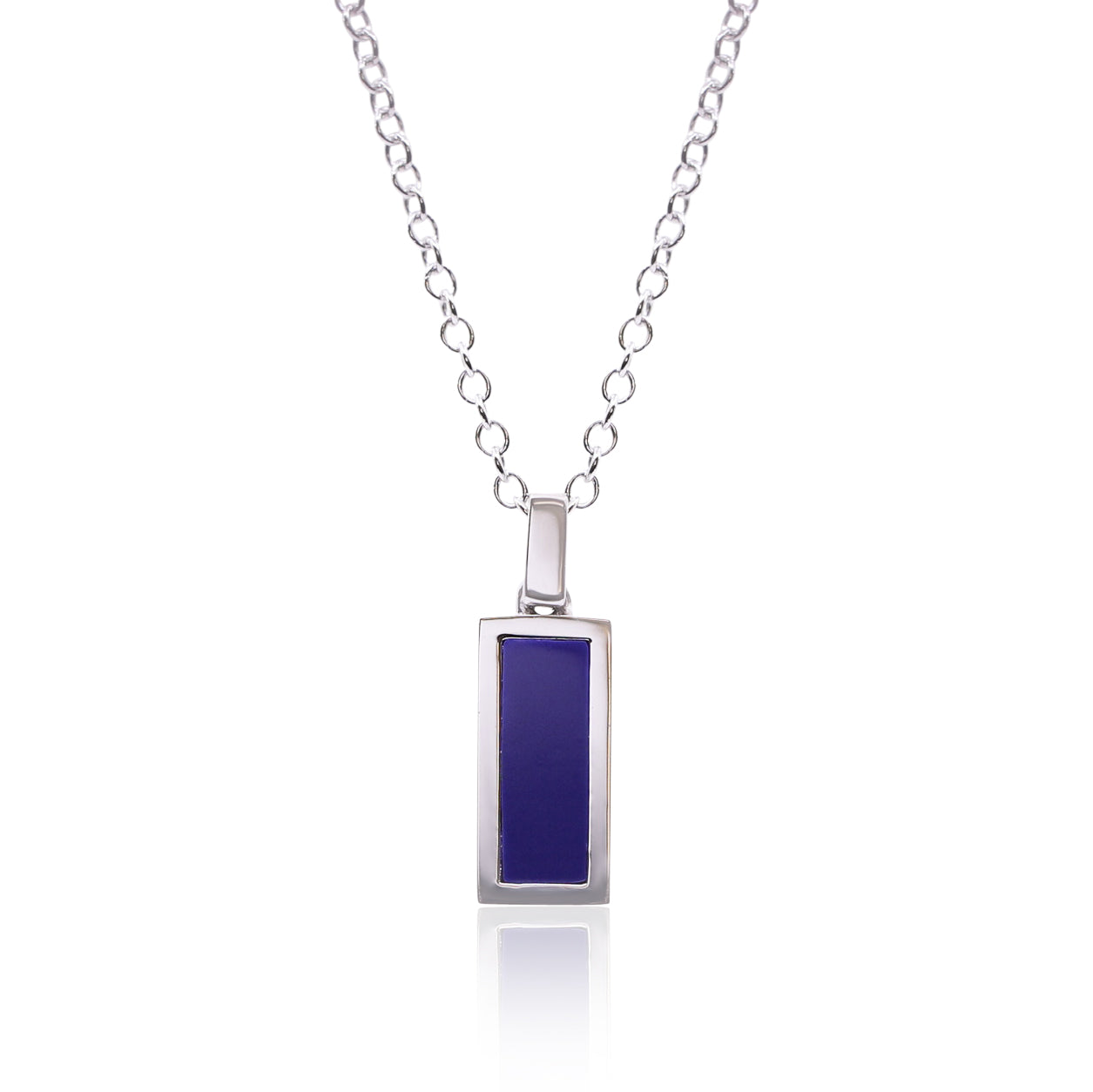 18K WHITE GOLD RECTANGULAR LAPIS INLAY BAR PENDANT NECKLACE