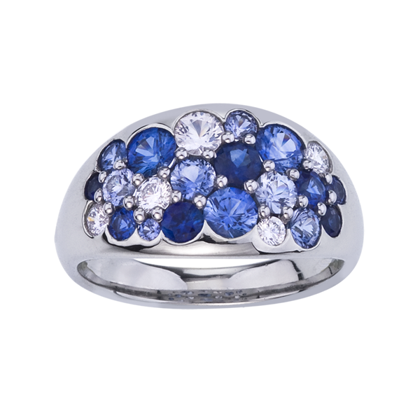 MARK PATTERSON 18K WHITE GOLD BLUE SAPPHIRE AND DIAMOND WIDE RING