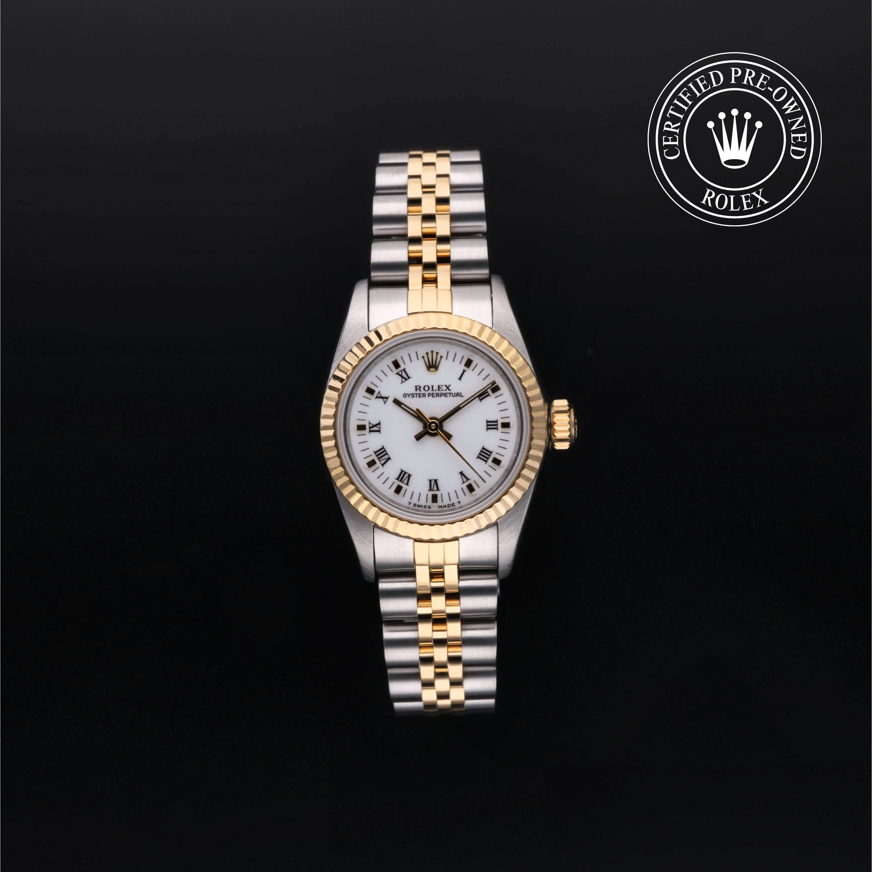 Rolex Certified Pre owned Oyster Perpetual 24 mm in Rolesor 18 Carat Yellow 67193 Henne Jewelers