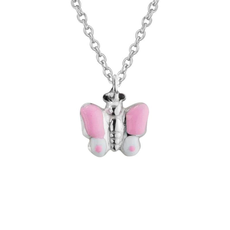 STERLING SILVER PINK AND WHITE ENAMEL BUTTERFLY NECKLACE