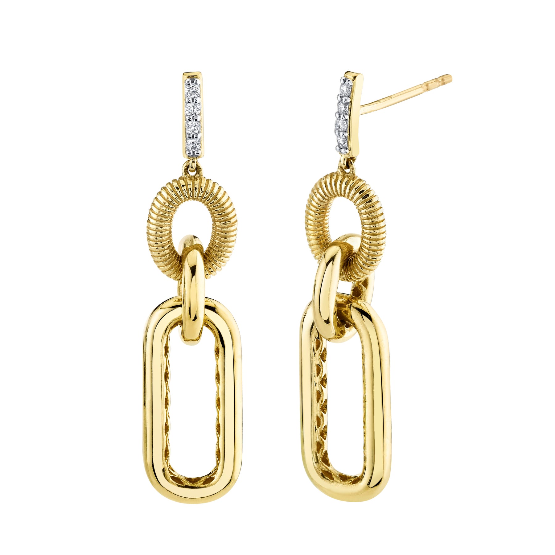 SLOANE STREET 18K YELLOW GOLD STRIE AND POLISHED LINK DROP EARRINGS WITH DIAMOND ACCENTS - 0.08CTW