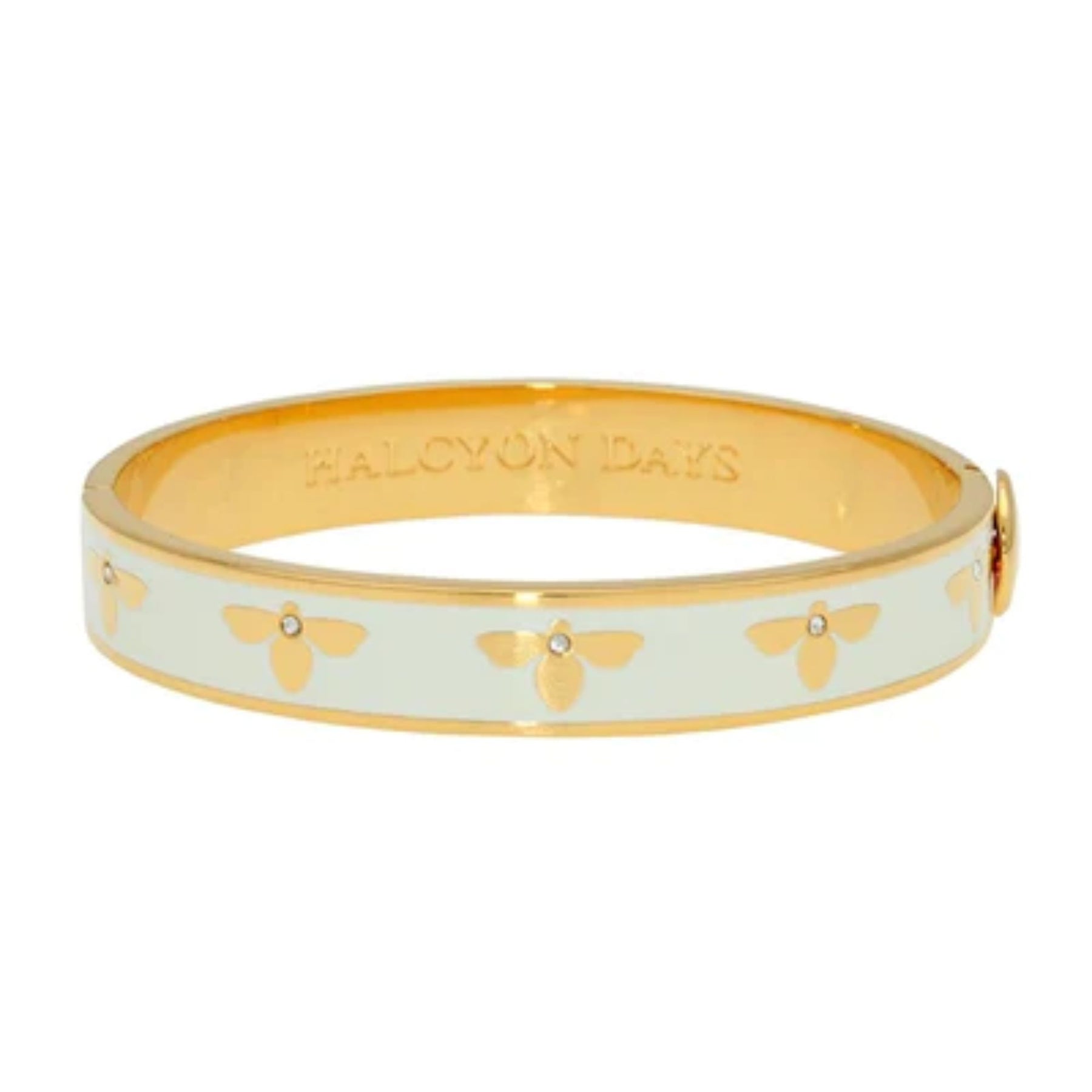 Halcyon Days 18k yellow gold plated 10mm bee cream enameled hinged bangle