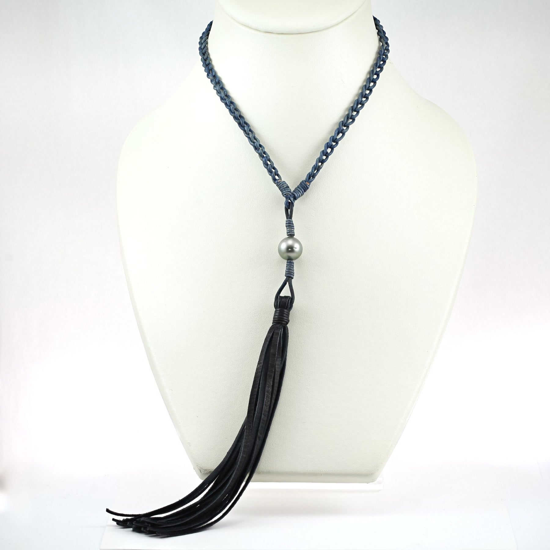 VINCENT PEACH 36-INCH COMOROS BRAIDED PREMIUM BLUE LEATHER TASSEL NECKLACE WITH TAHITIAN PEARL