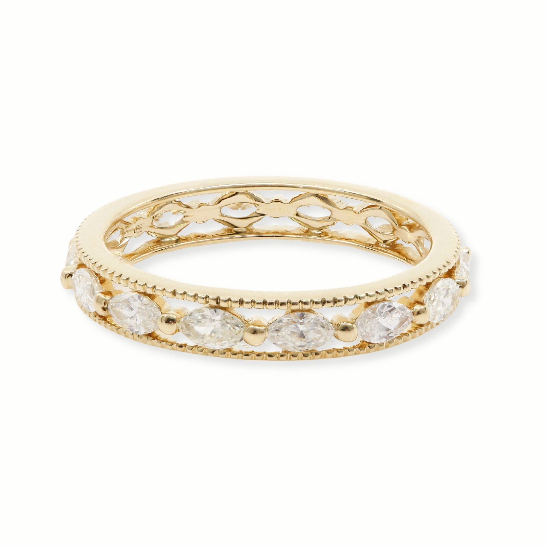 14K YELLOW GOLD MARQUISE DIAMOND ETERNITY BAND WITH MILGRAIN RAIL EDGES 0.99CTW