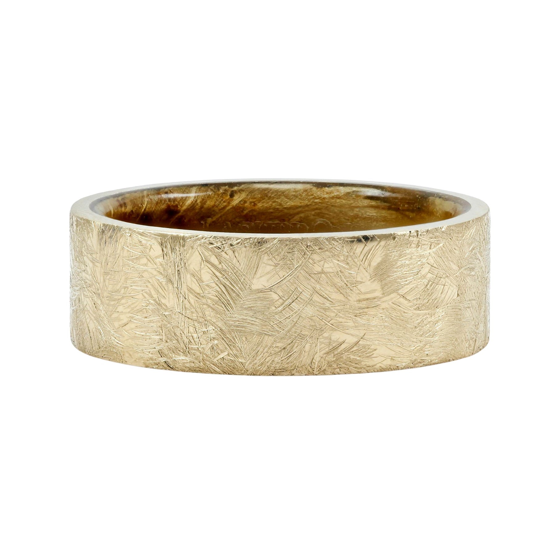 Distressed finish 14K yellow gold 8mm wedding band with whiskey barrel wood sleeve