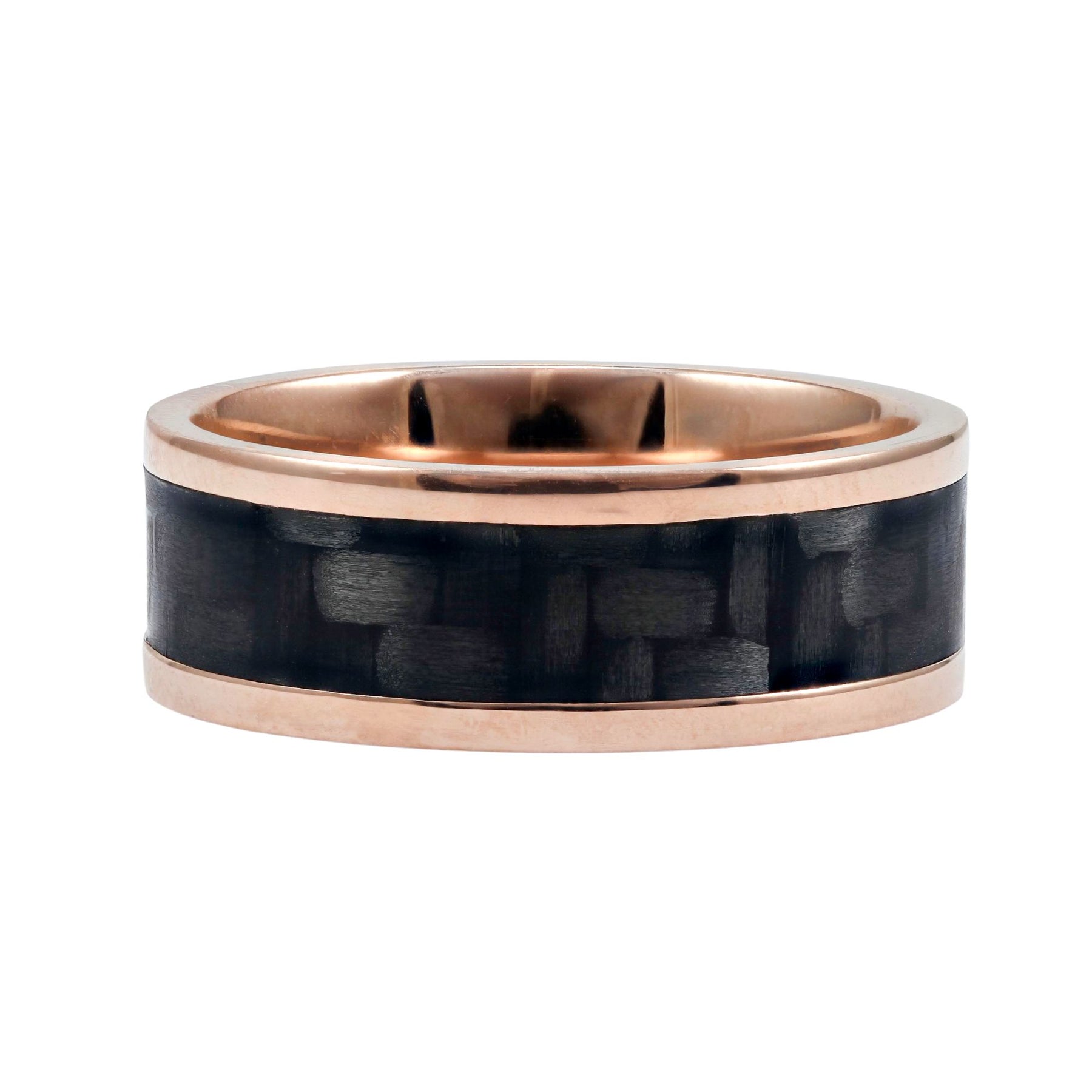 14K ROSE GOLD 8MM POLISHED FLAT WEDDING BAND WITH CARBON FIBER INLAY