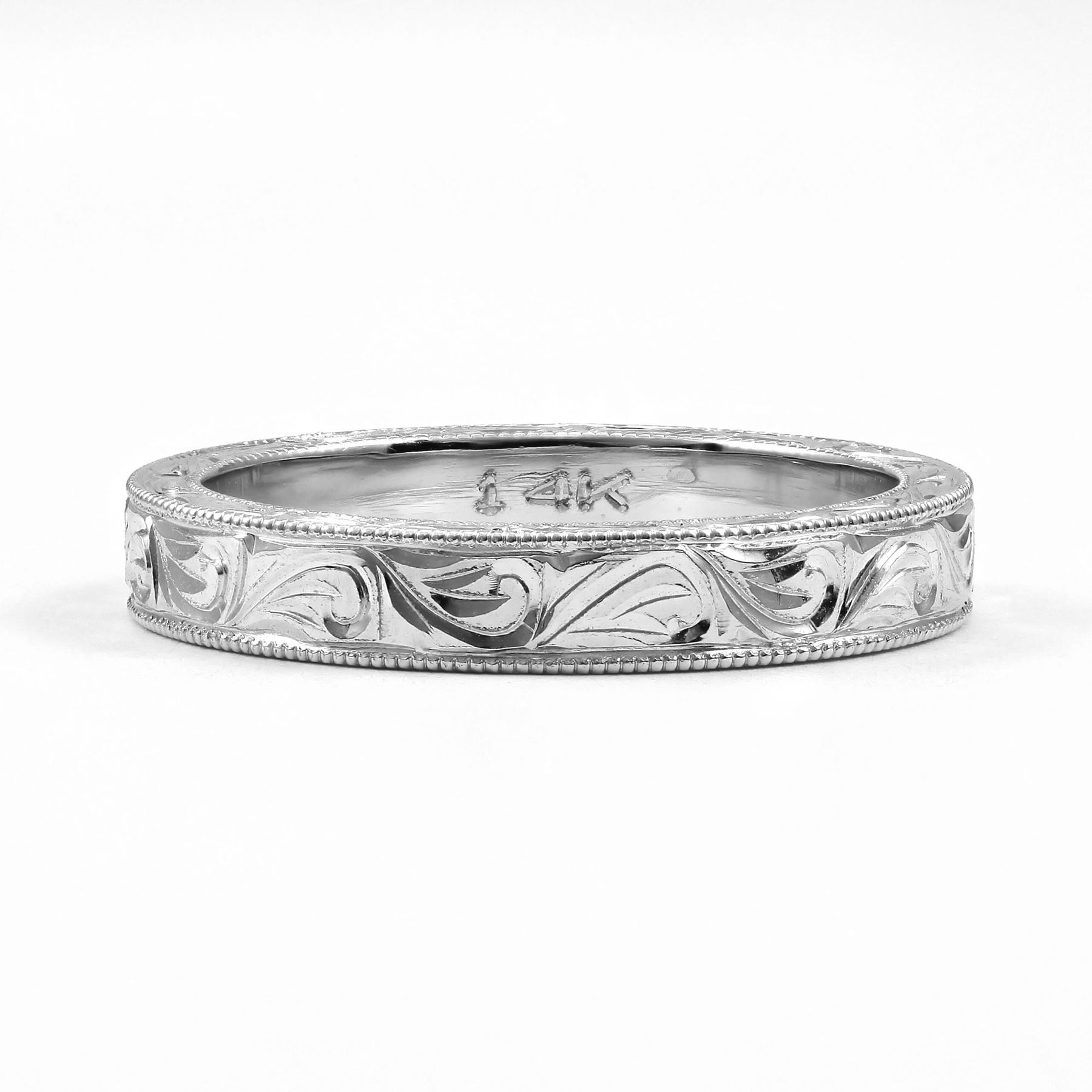 14K WHITE GOLD 2.5MM WEDDING BAND WITH ENGRAVED FLORAL PATTERN AND MILGRAIN DETAIL