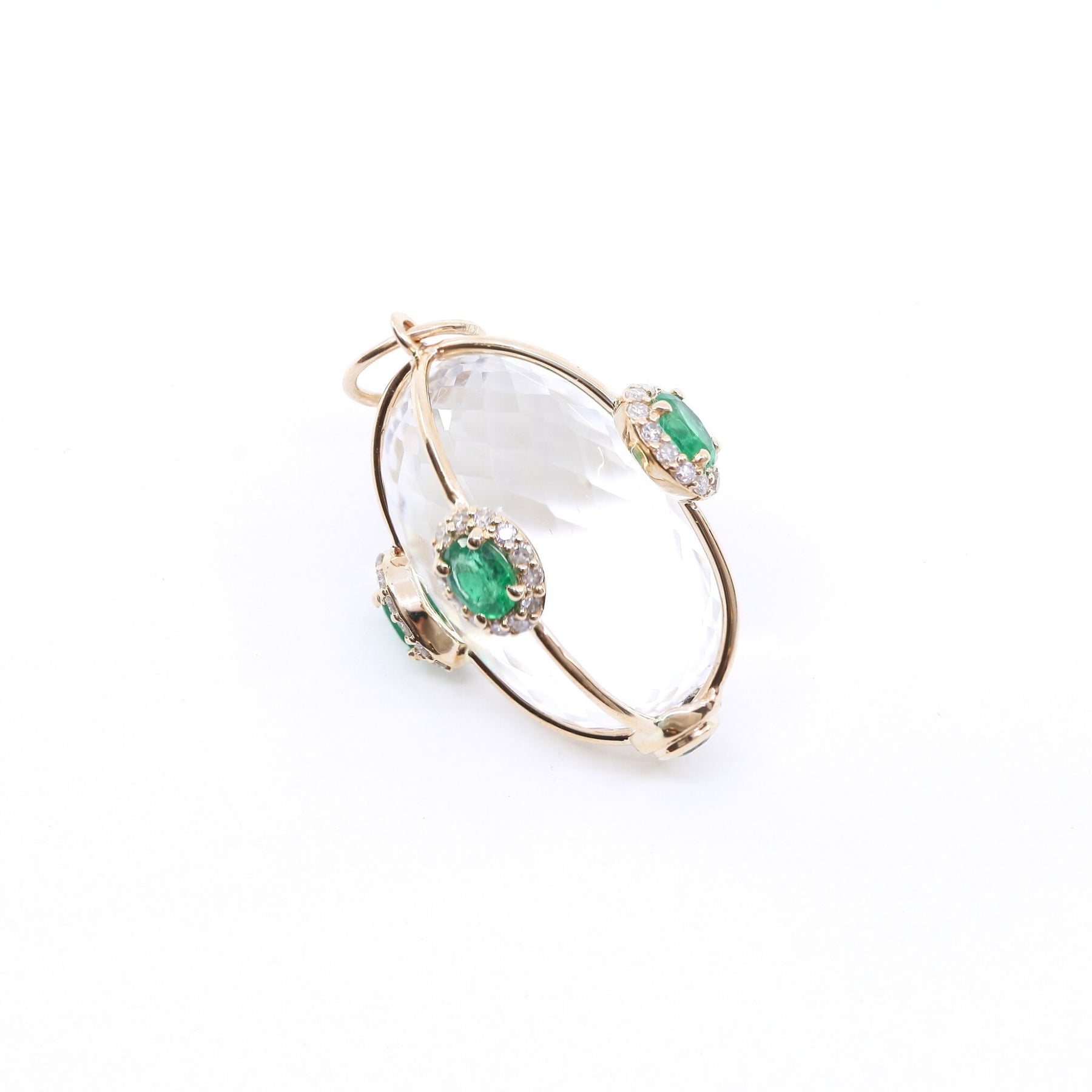 FACETED ROCK CRYSTAL PENDANT WITH OVAL EMERALDS IN 14K YELLOW GOLD