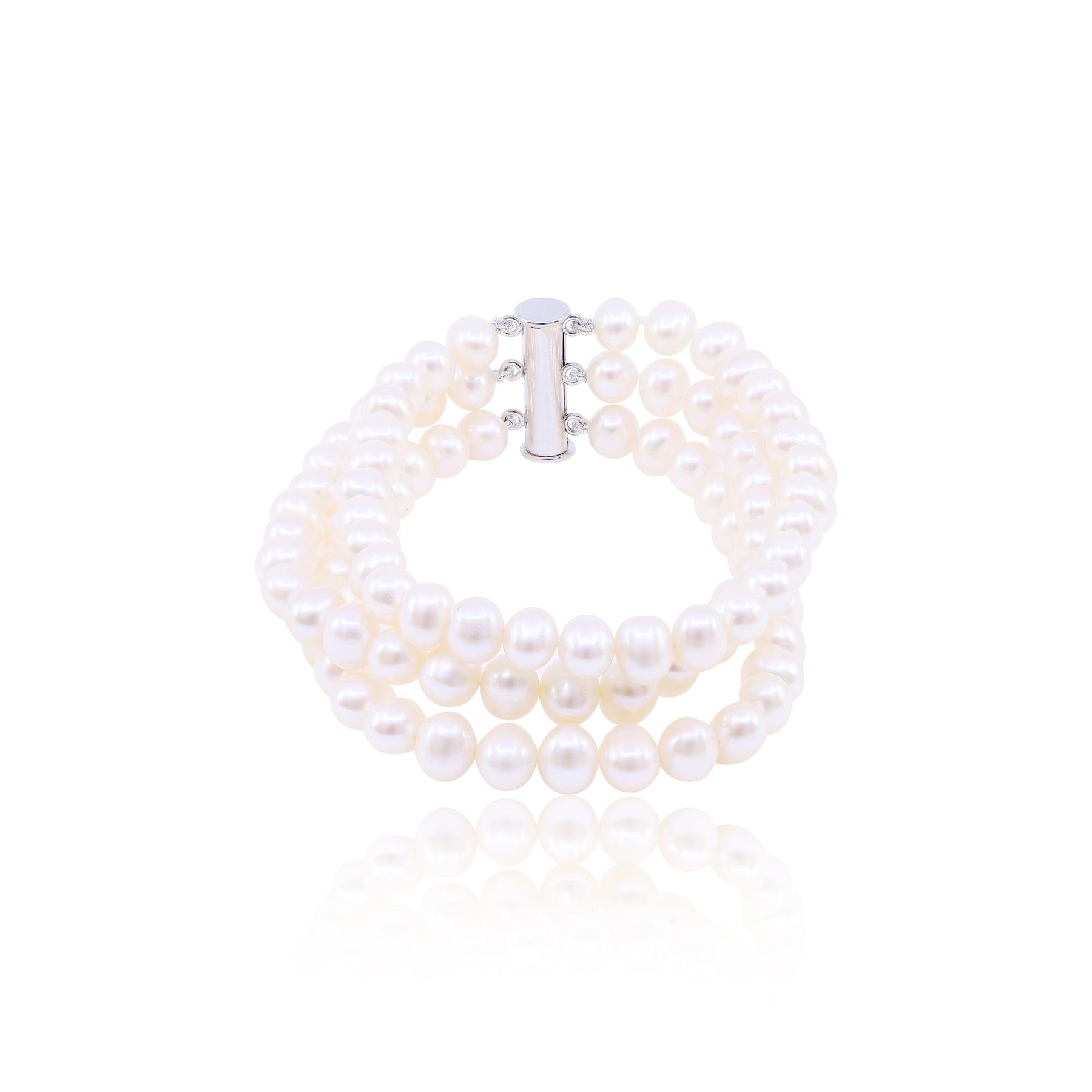 7.5 inch 3-row 6-6.5mm pearl bracelet with magnetic slide clasp