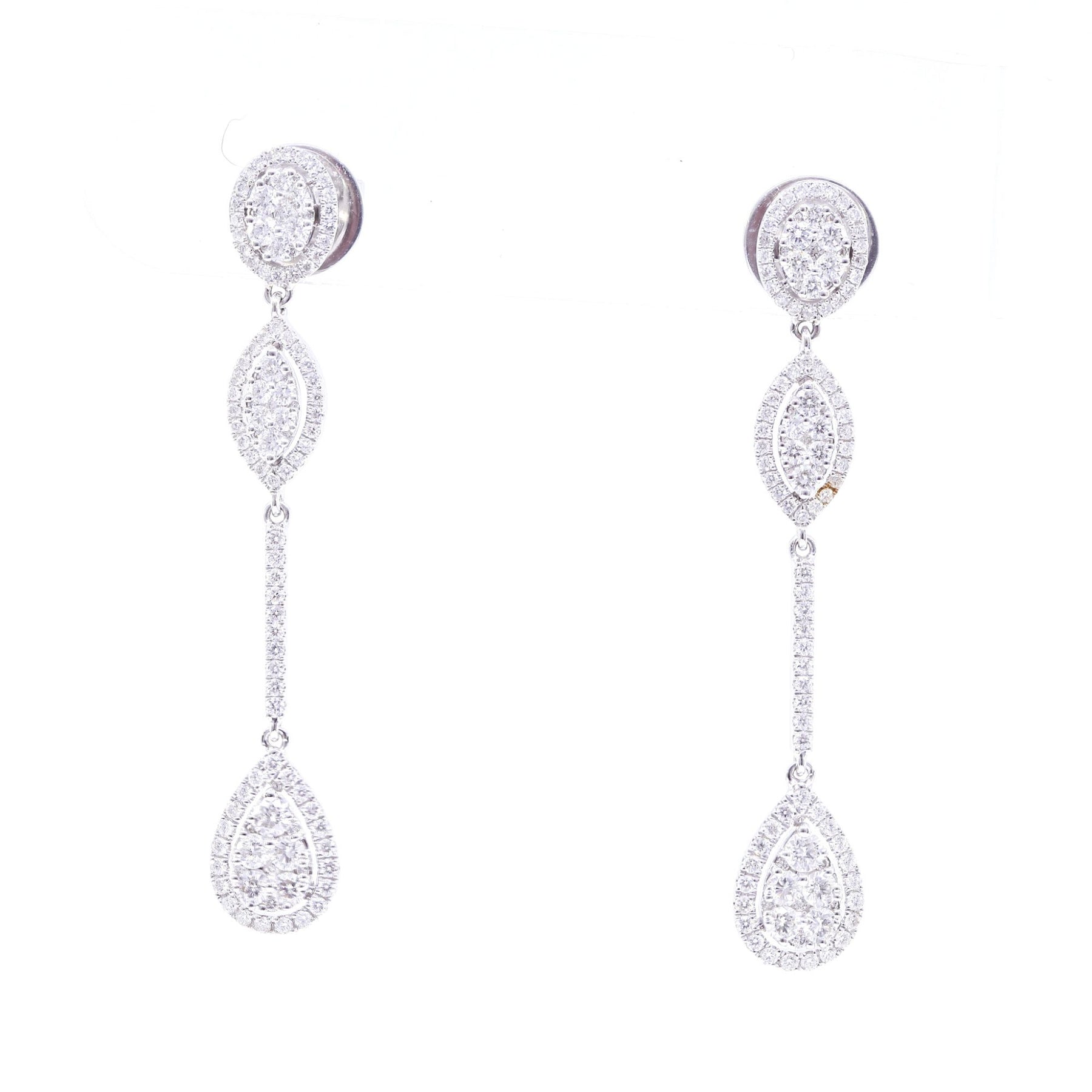 18K WHITE GOLD OVAL, MARQUISE STICK AND TEARDROP SHAPE PAVE DIAMOND EARRINGS